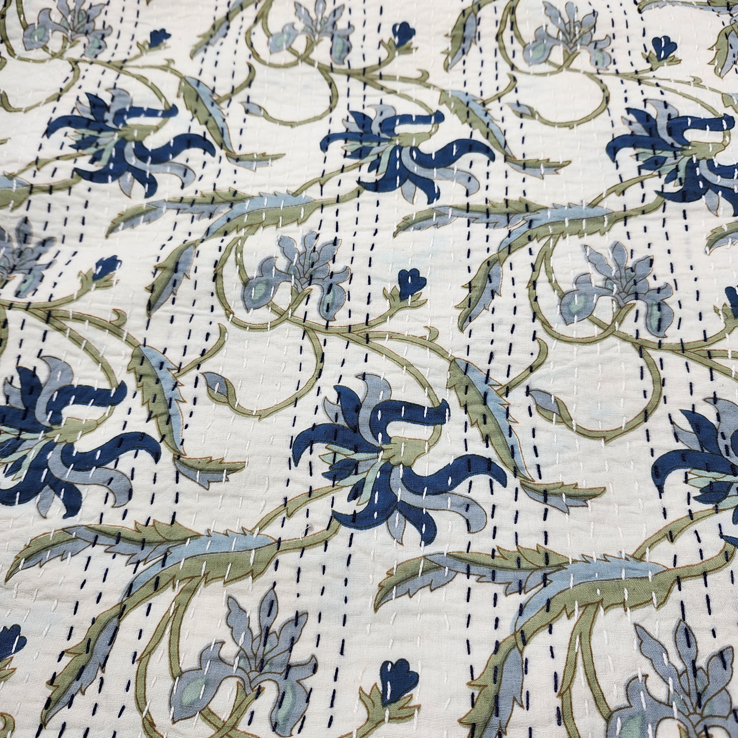 Sage floral and vine kantha throw and bedspread, hand stitched cotton, 225 x 275 cm