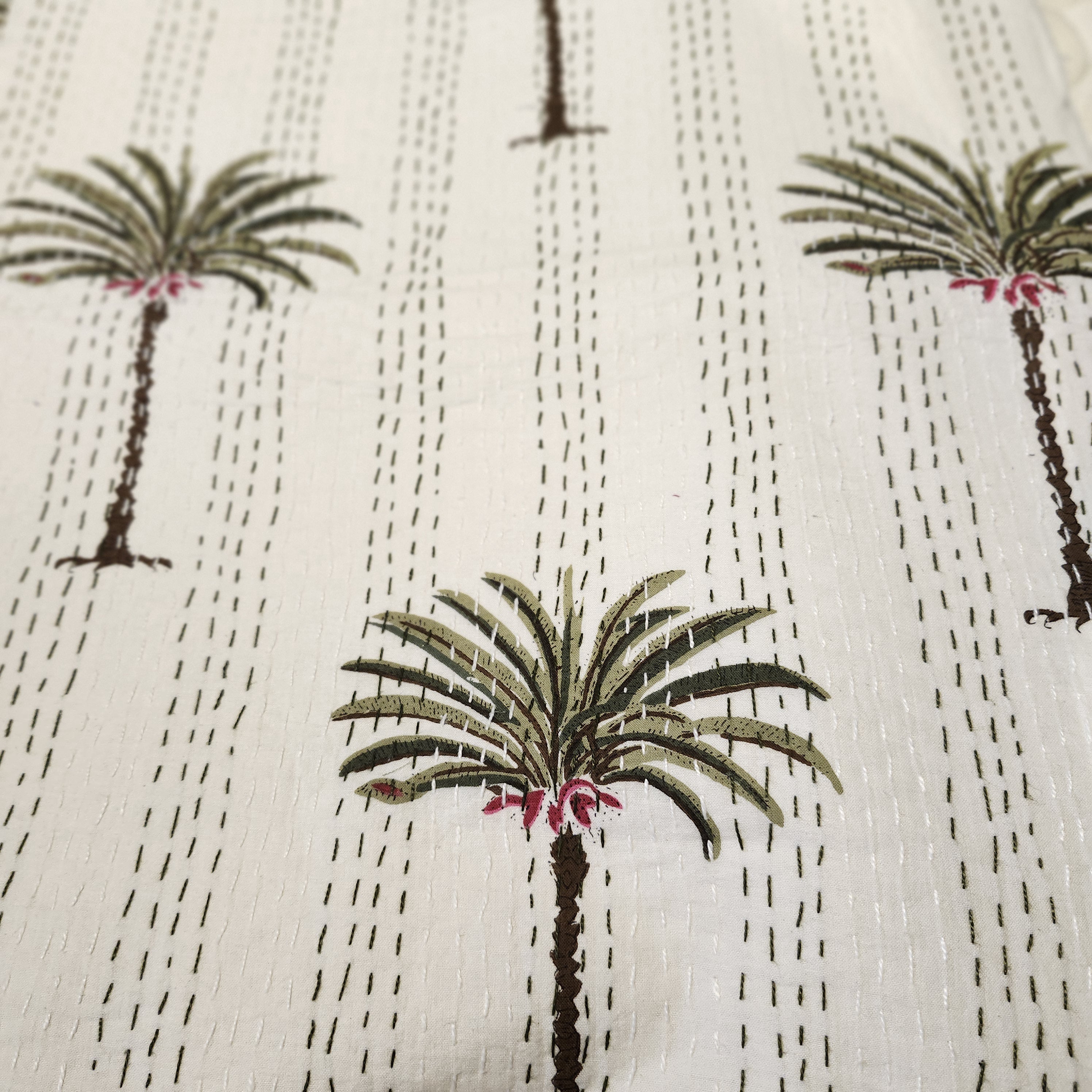 Palm print kantha throw and bedspread, cream ground, hand stitched cotton, 225 x 275 cm