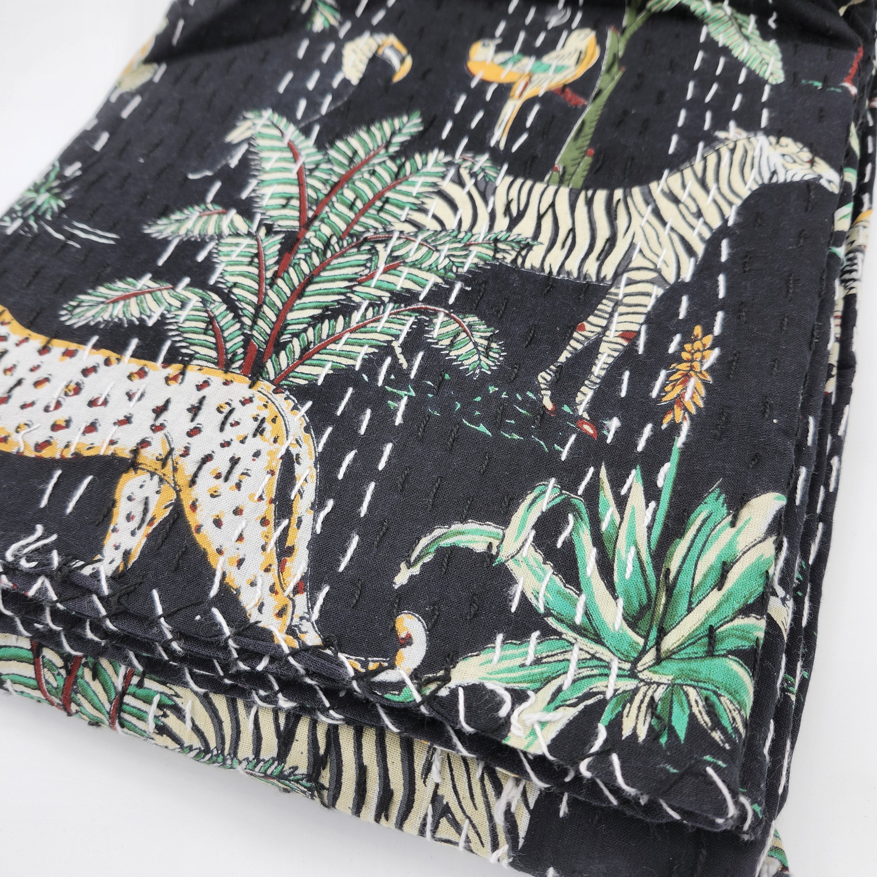 Safari animal print kantha throw and bedspread, black, hand stitched cotton, 225 x 275 cm