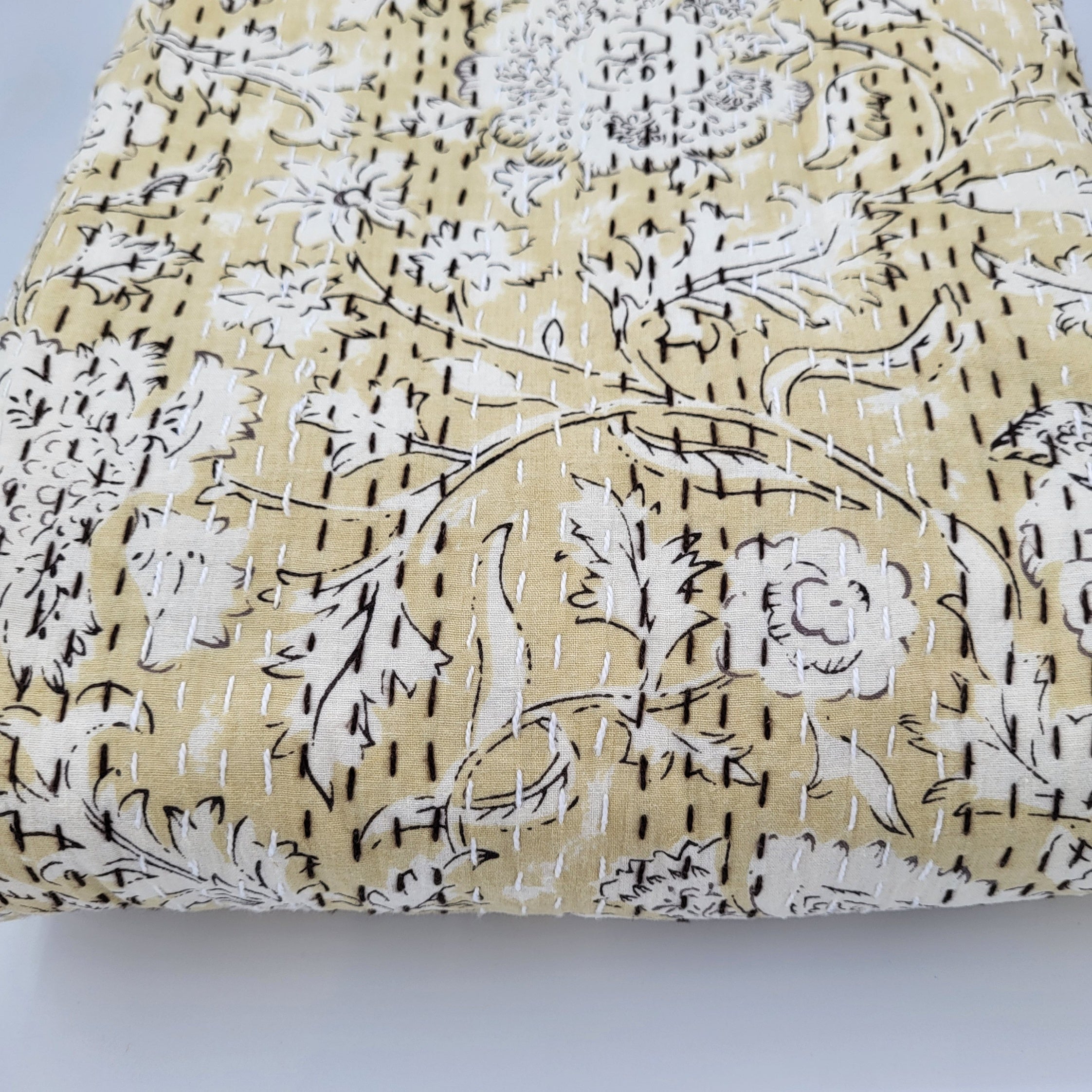 Indian Flower kantha throw and bedspread, ivory ground, hand stitched cotton