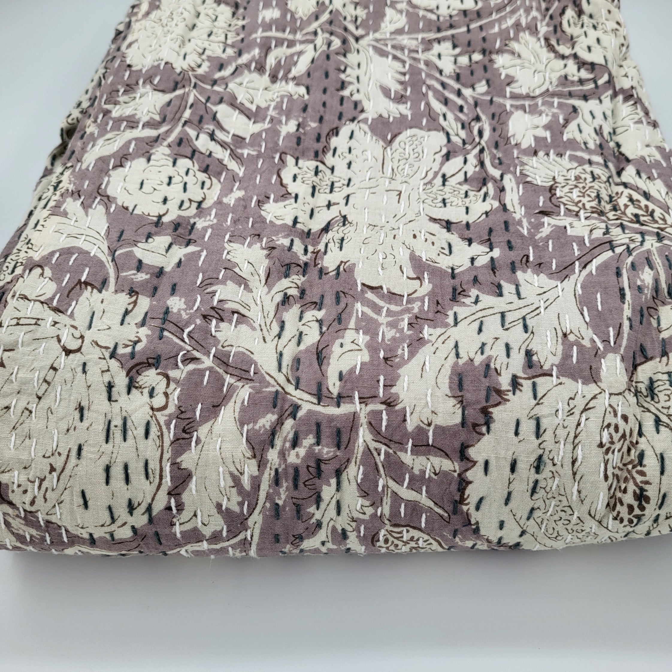 Indian Flower kantha throw and bedspread, mauve, hand stitched cotton