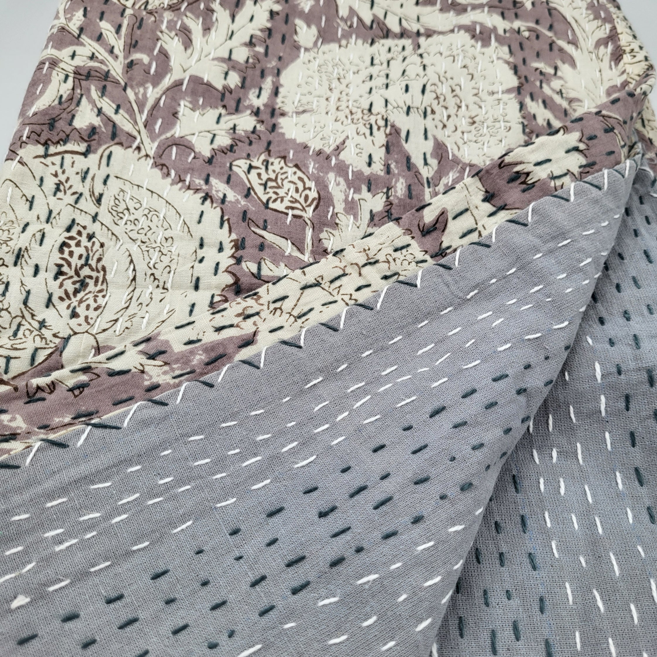 Mauve Indian Flower kantha bedspread, hand stitched cotton, detail view