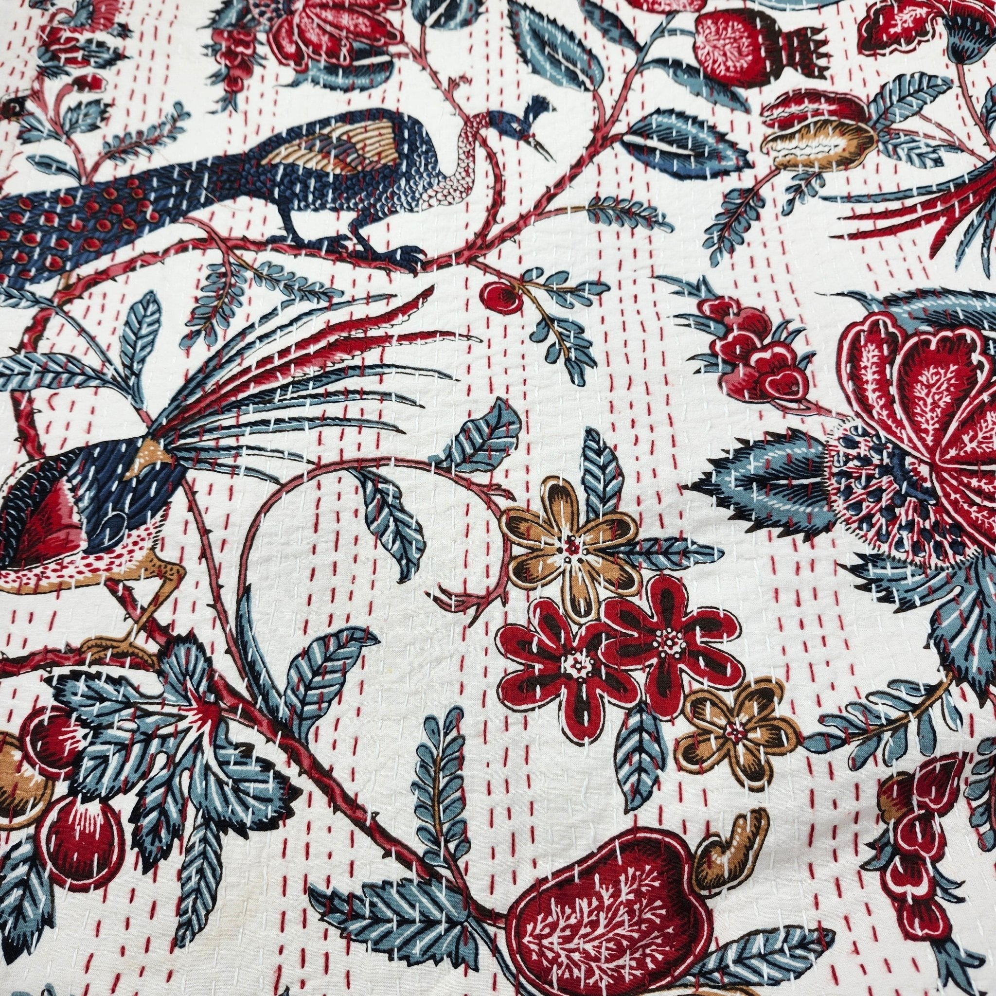 Peacock and birds kantha bedspread, cream, hand stitched cotton