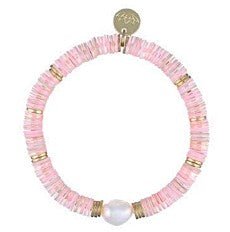 Poppy sequin beaded stretch bracelet in blush with freshwater pearl embellishment, 17 cm