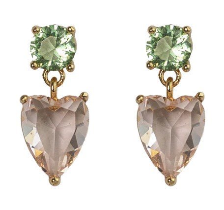 Kennedy gold-plated heart-shaped glass stone drop earrings in green and pink