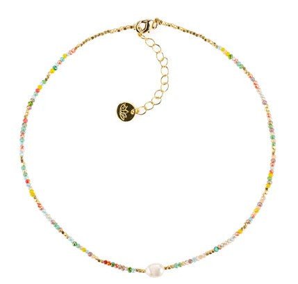 Claudia multi-coloured beaded necklace with pearl charm, 36 cm with 5 cm extension
