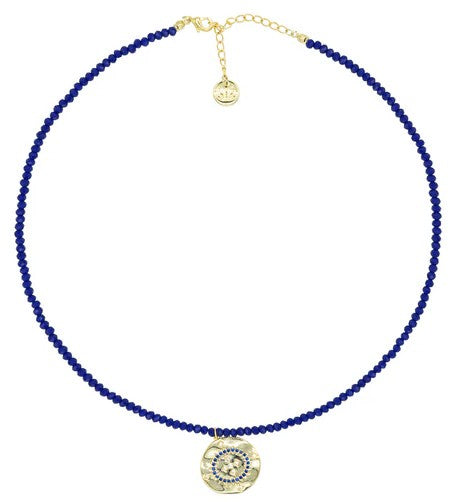 Gemma royal blue glass beaded necklace with CZ diamond pendant, 47 cm