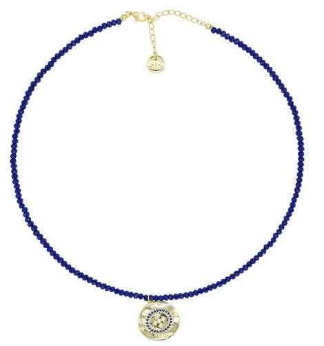 Gemma royal blue glass beaded necklace with CZ diamond pendant, 47 cm