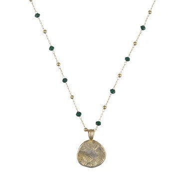 Penelope gold-plated green semi-precious bead necklace with hammered disc pendant, 41 cm