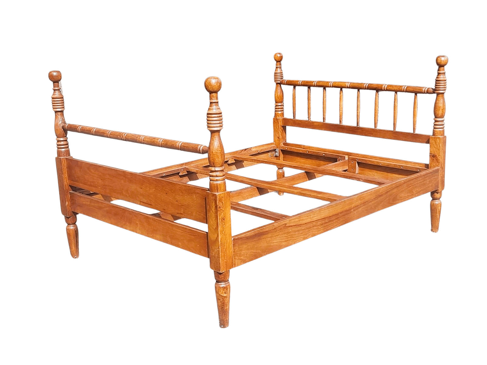 Restored vintage teak bed in natural wax finish, takes 150 x 198cm mattress
