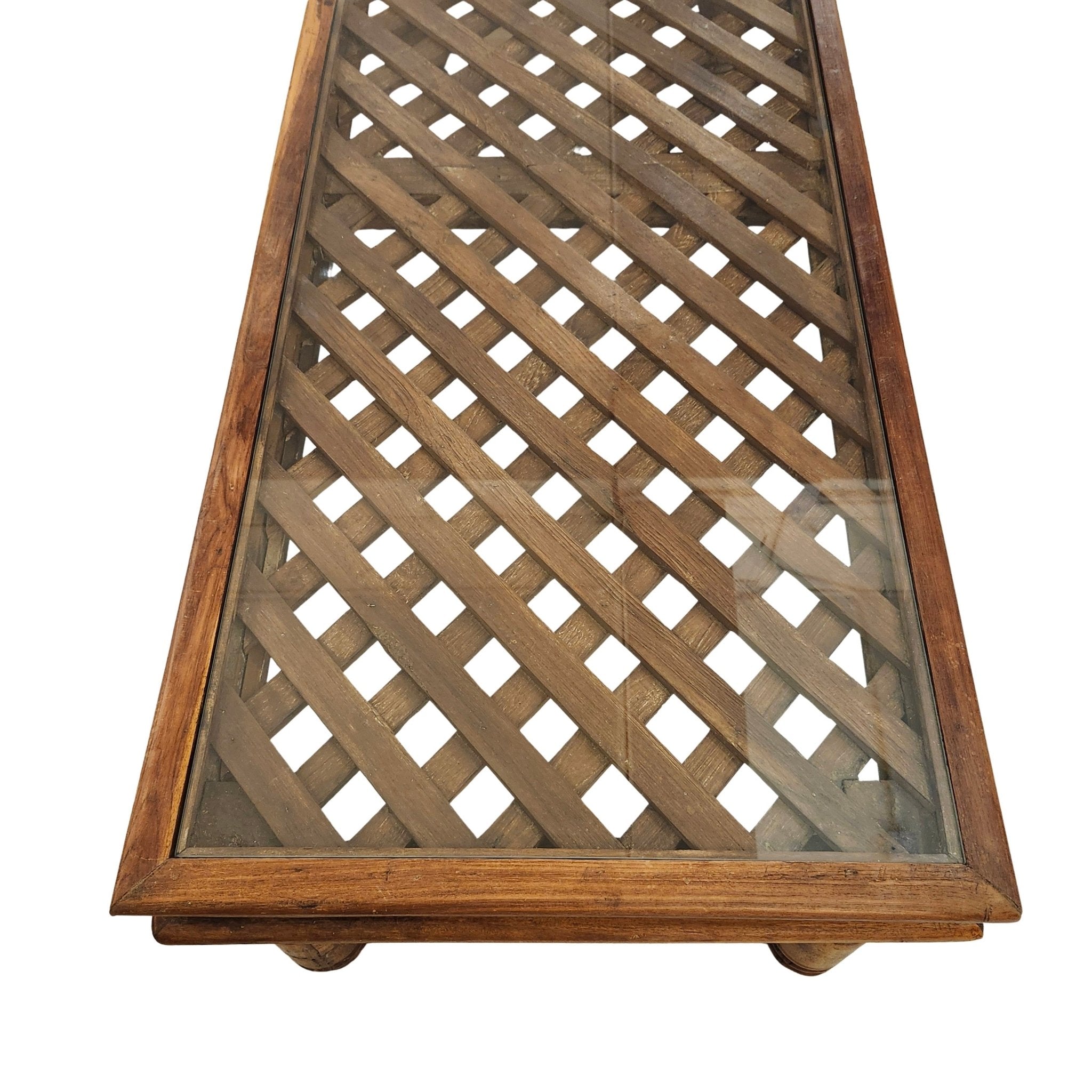 Vintage teak coffee table with glass top and lattice work, turned legs, 168 x 69cm