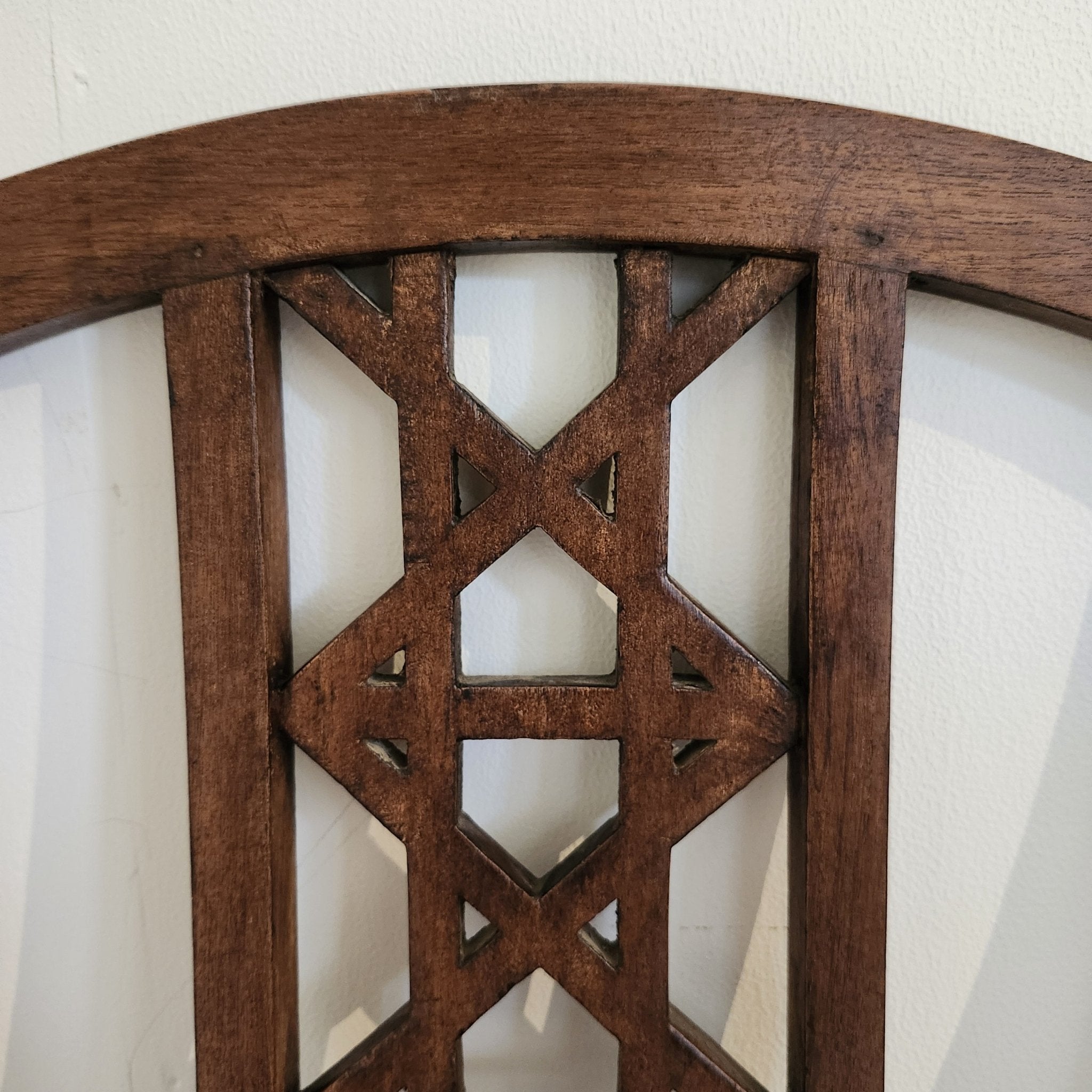 Pair of vintage teak chairs with curved backs and seat cushions, 96 x 48cm