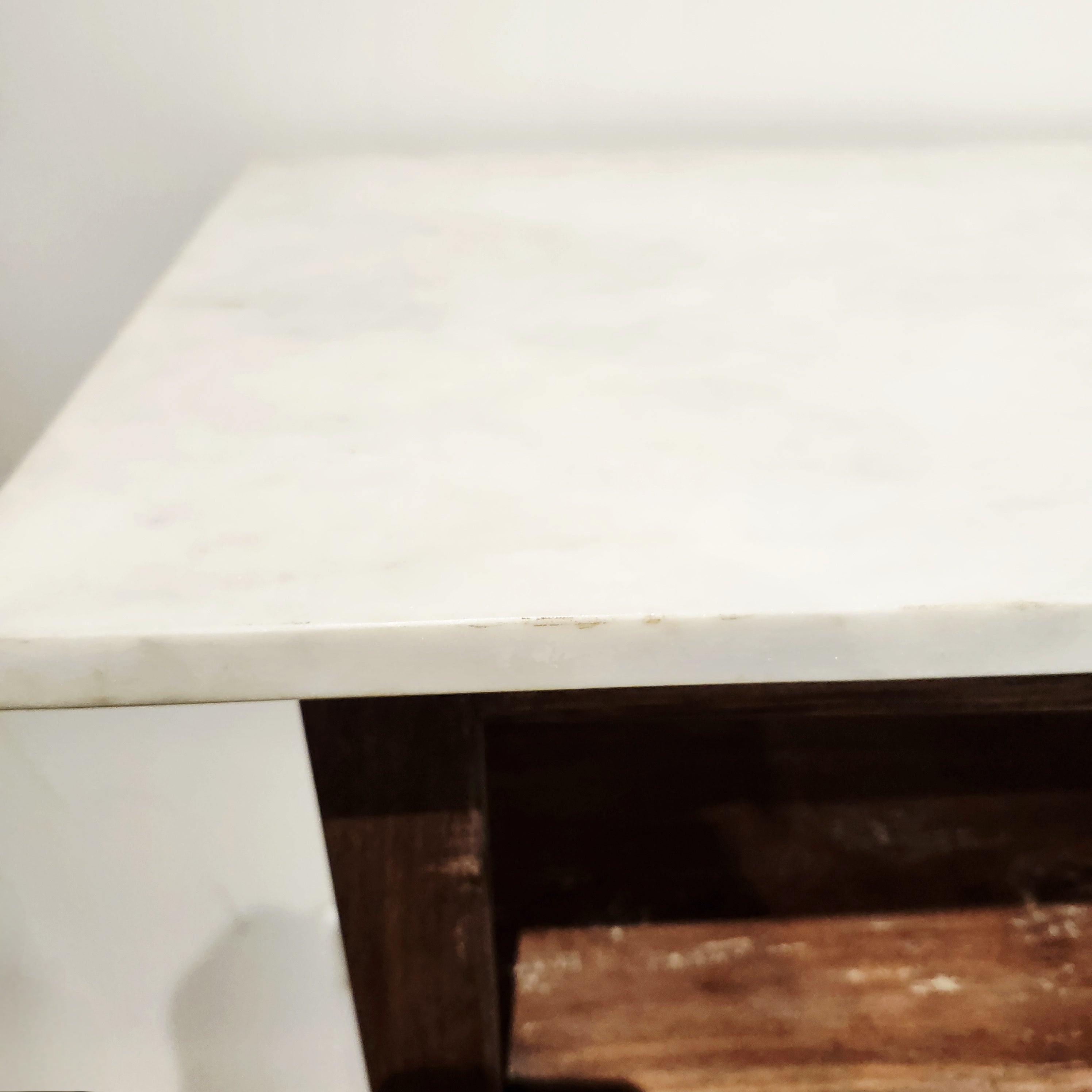 Marble topped teak shelf unit, three shelves, handcrafted, detail view