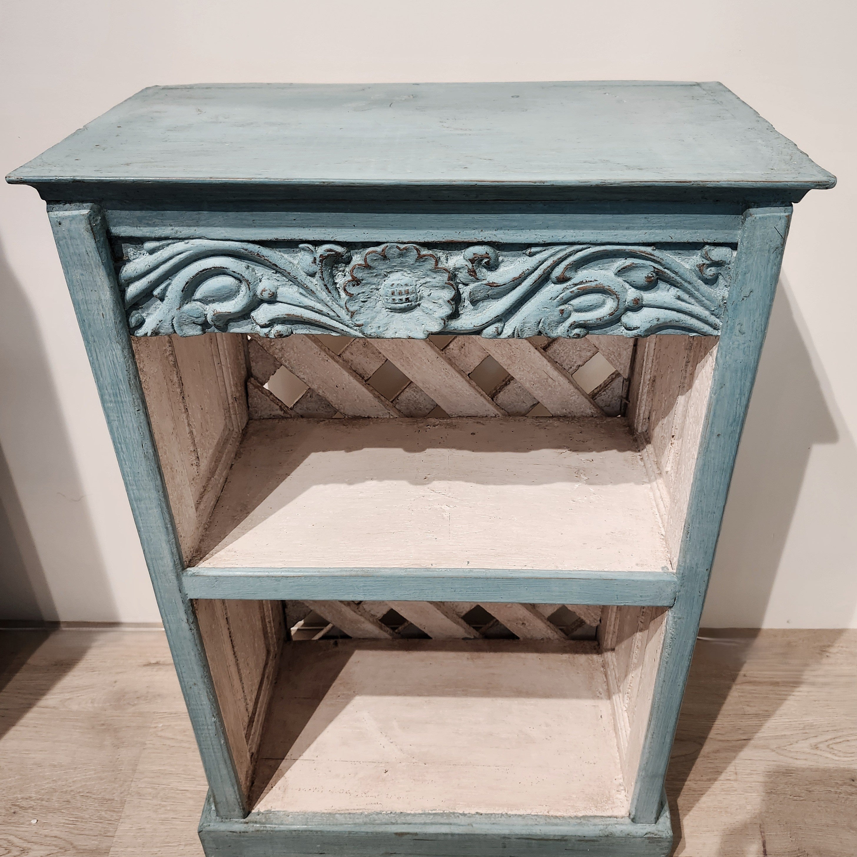Painted aqua farmhouse shelves, small, white interior, vintage teak, 76 x 48 cm