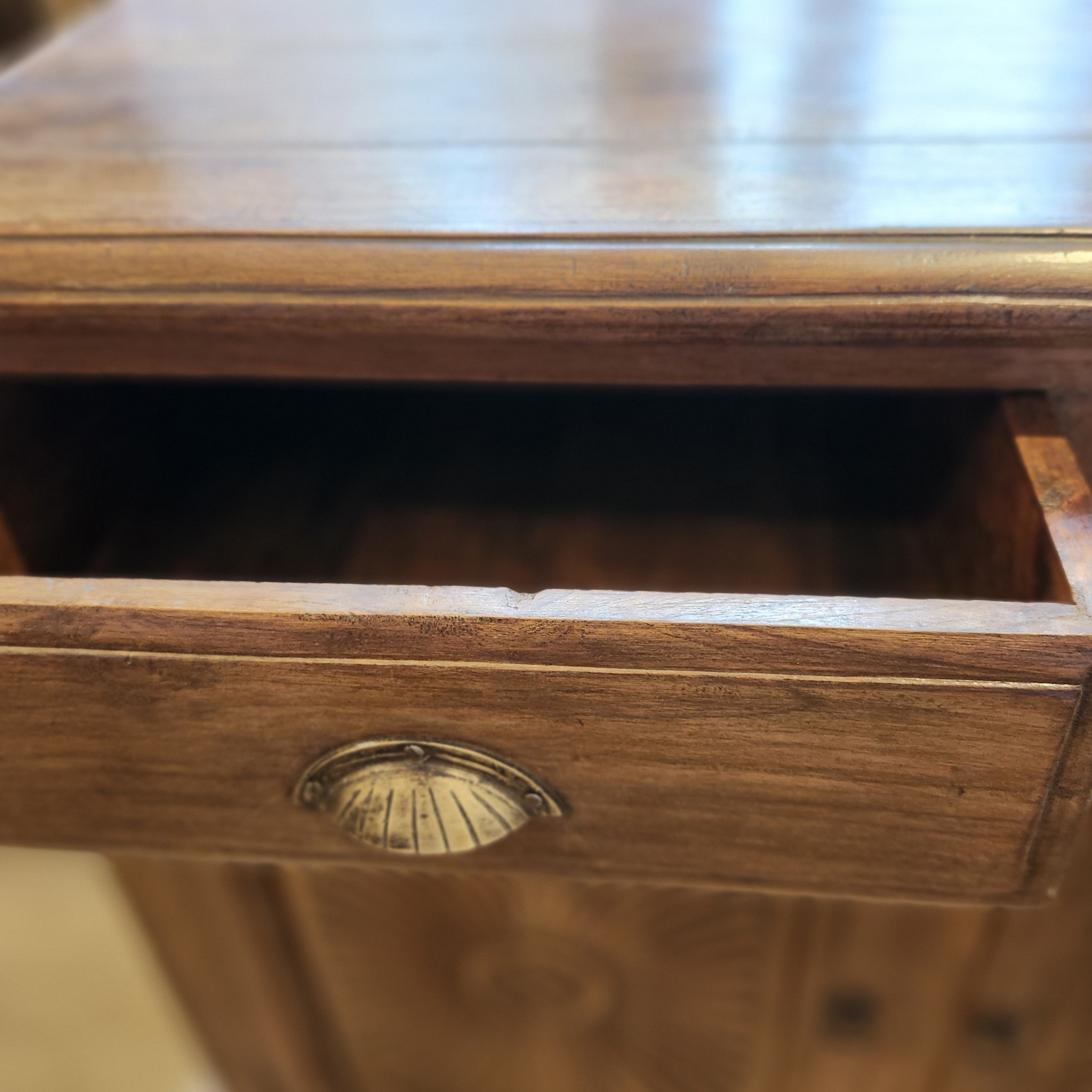 Vintage teak sideboard with three carved-door cupboards and drawers, 147 x 91cm