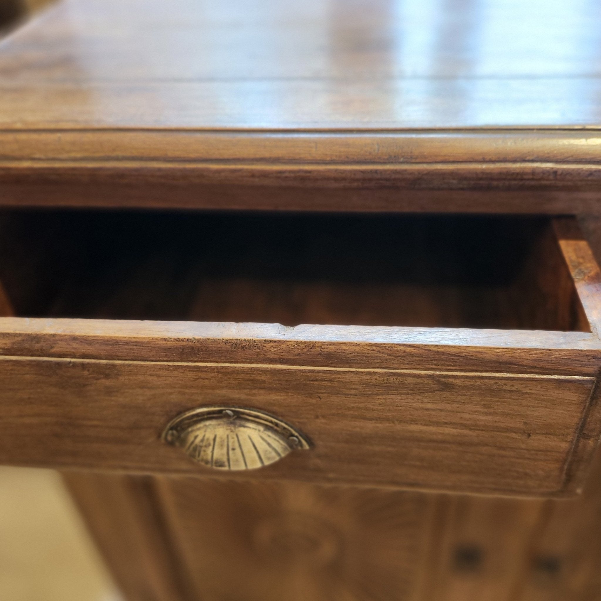 Vintage teak sideboard with three carved-door cupboards and drawers, 147 x 91cm