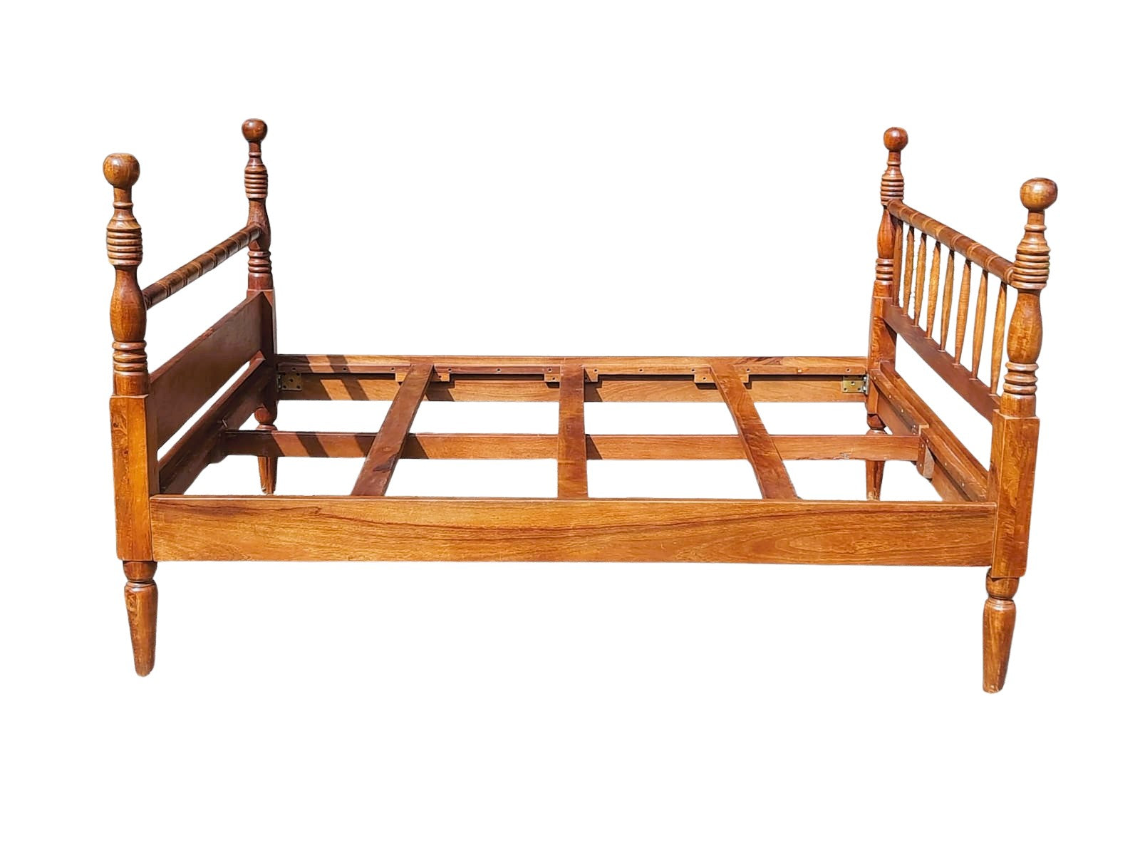 Vintage teak bed, natural finish, styled