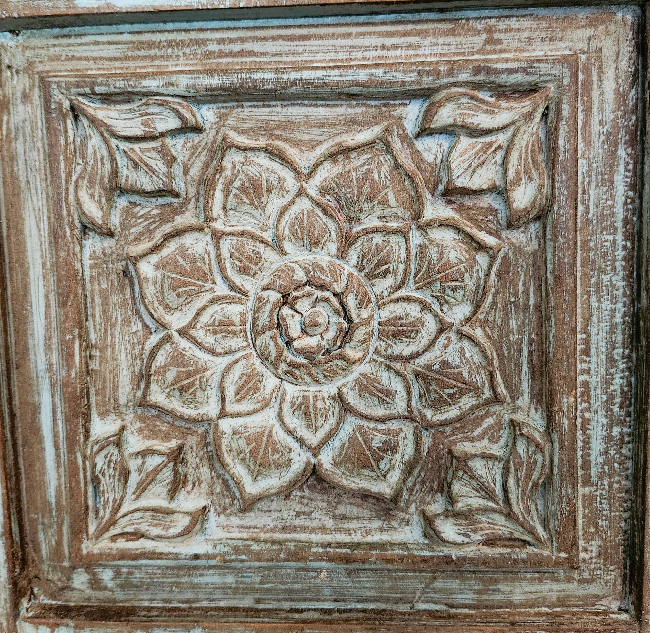 Carved teak vintage panels, distressed finish, detail
