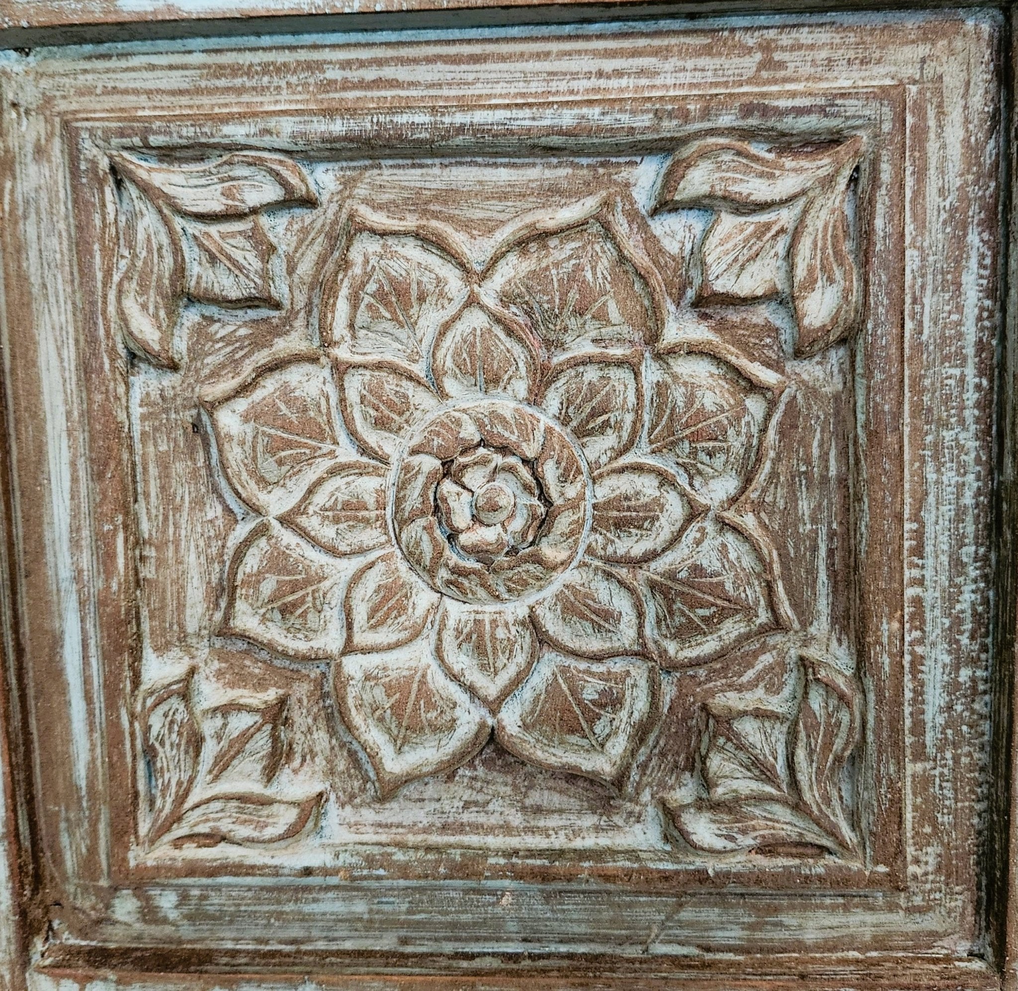 Carved teak vintage panels, distressed finish, detail