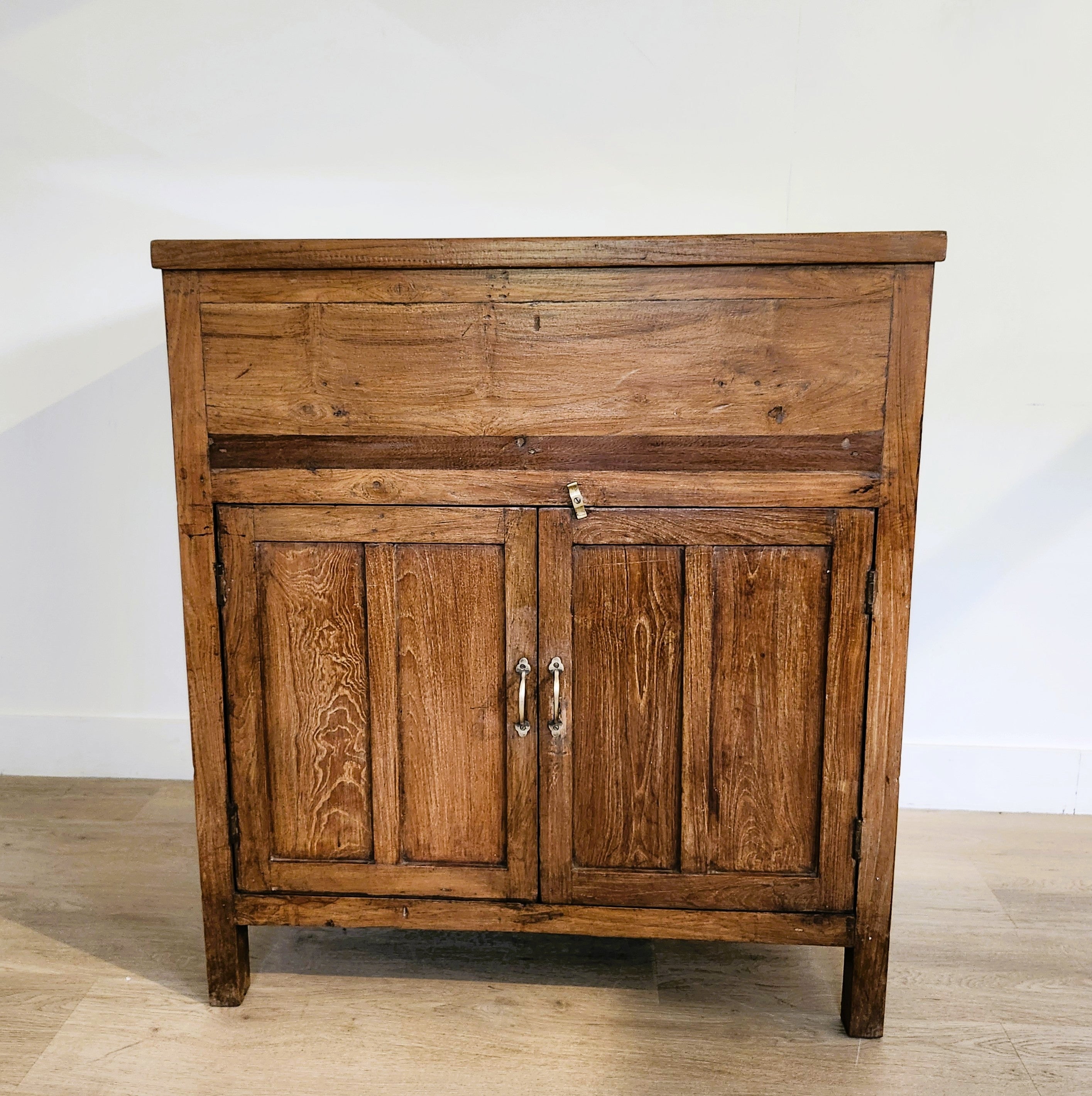 Vintage teak glass-top chest, natural finish, detail