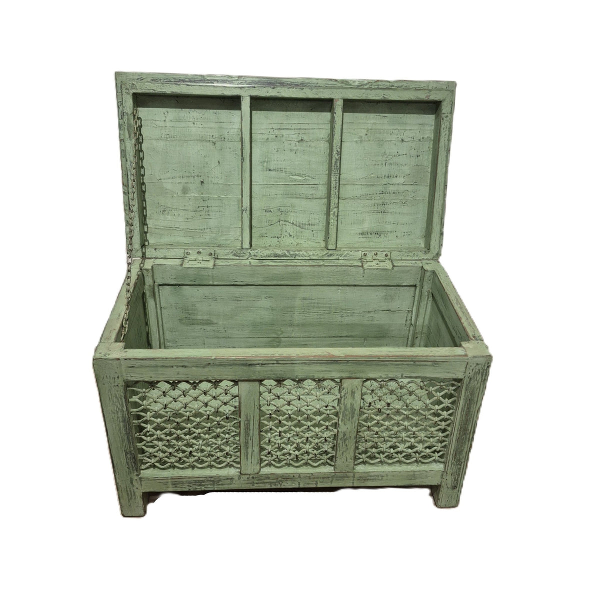 Pistachio green chest in teak, 44 cm deep, for children's toys, household clutter or use as a side table
