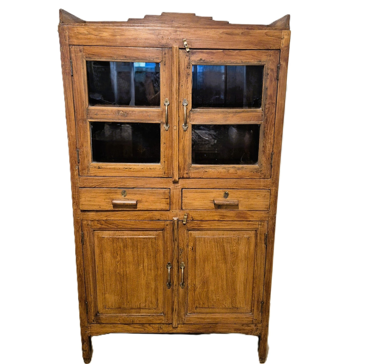 Vintage teak cabinet with two glazed doors, two wooden doors and two drawers between them, 155 cm high
