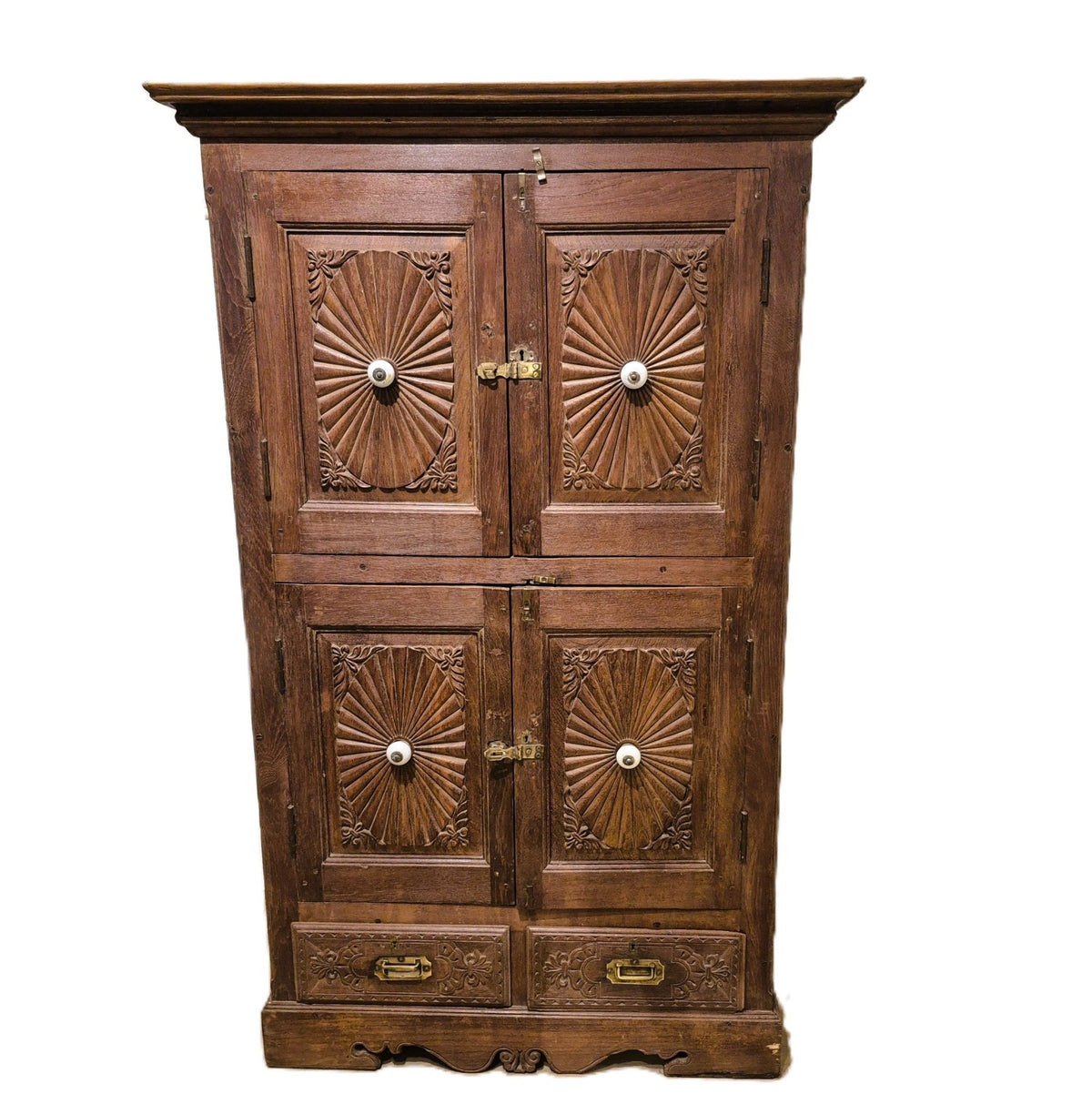 Vintage teak cabinet with four doors carved in a sunburst pattern, 165 cm high and 100 cm wide, India
