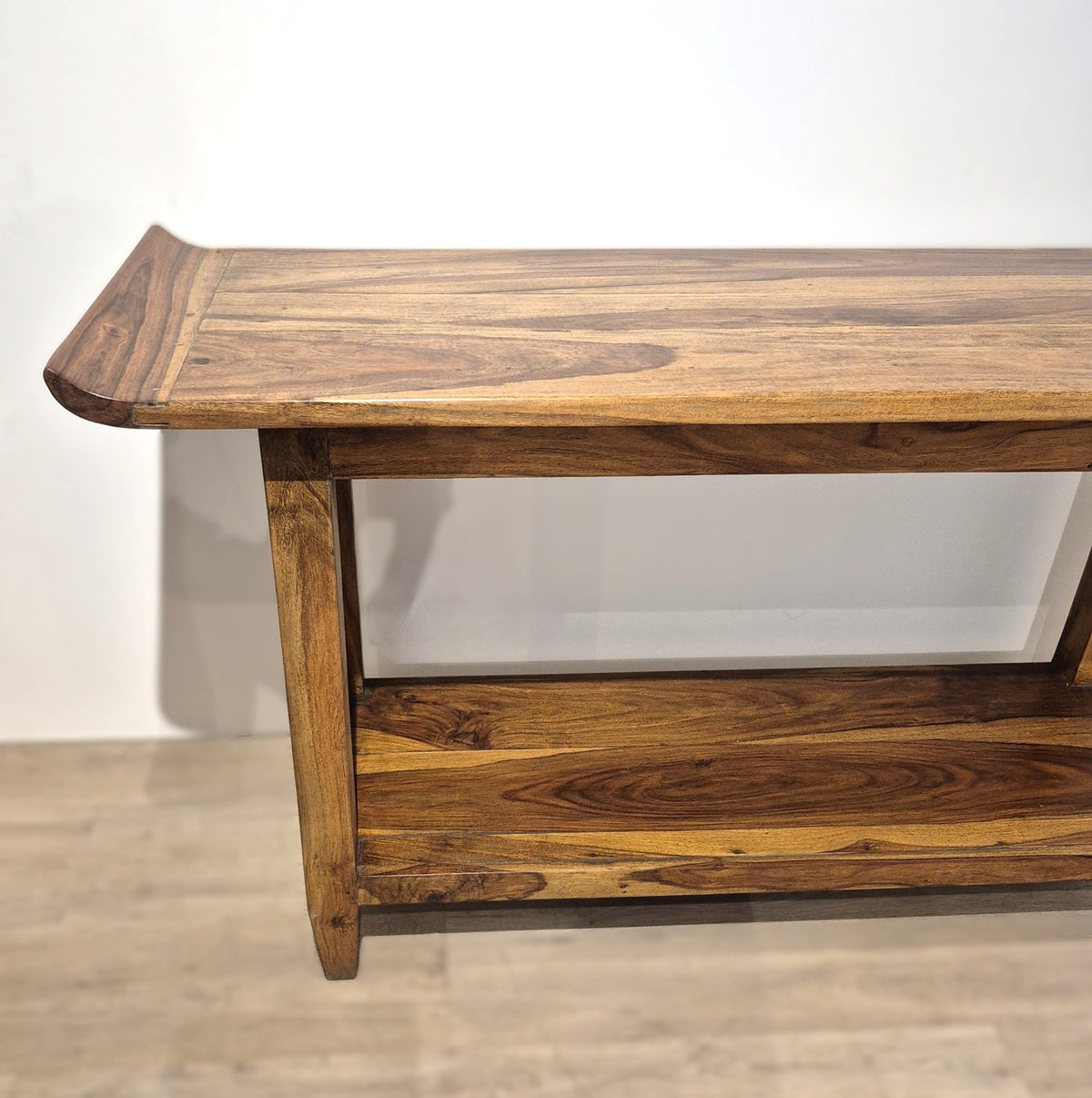 Large vintage teak console table in a natural finish, 154 cm long by 52 cm deep and 84 cm high, India