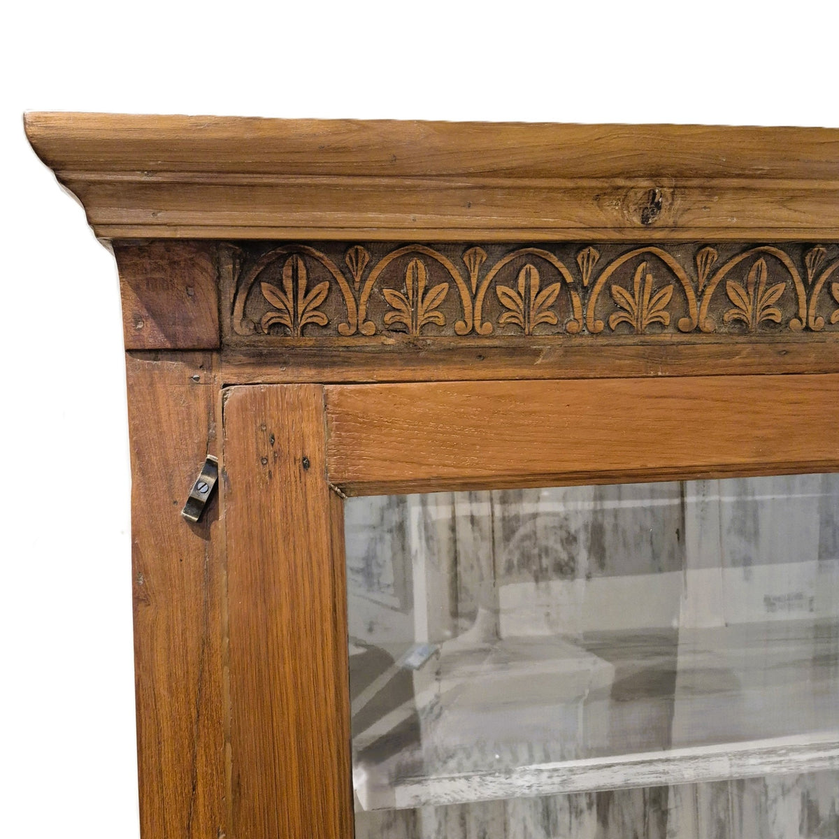 Teak glass fronted cabinet with one internal shelf and a lightly whitewashed interior, 50 cm in depth