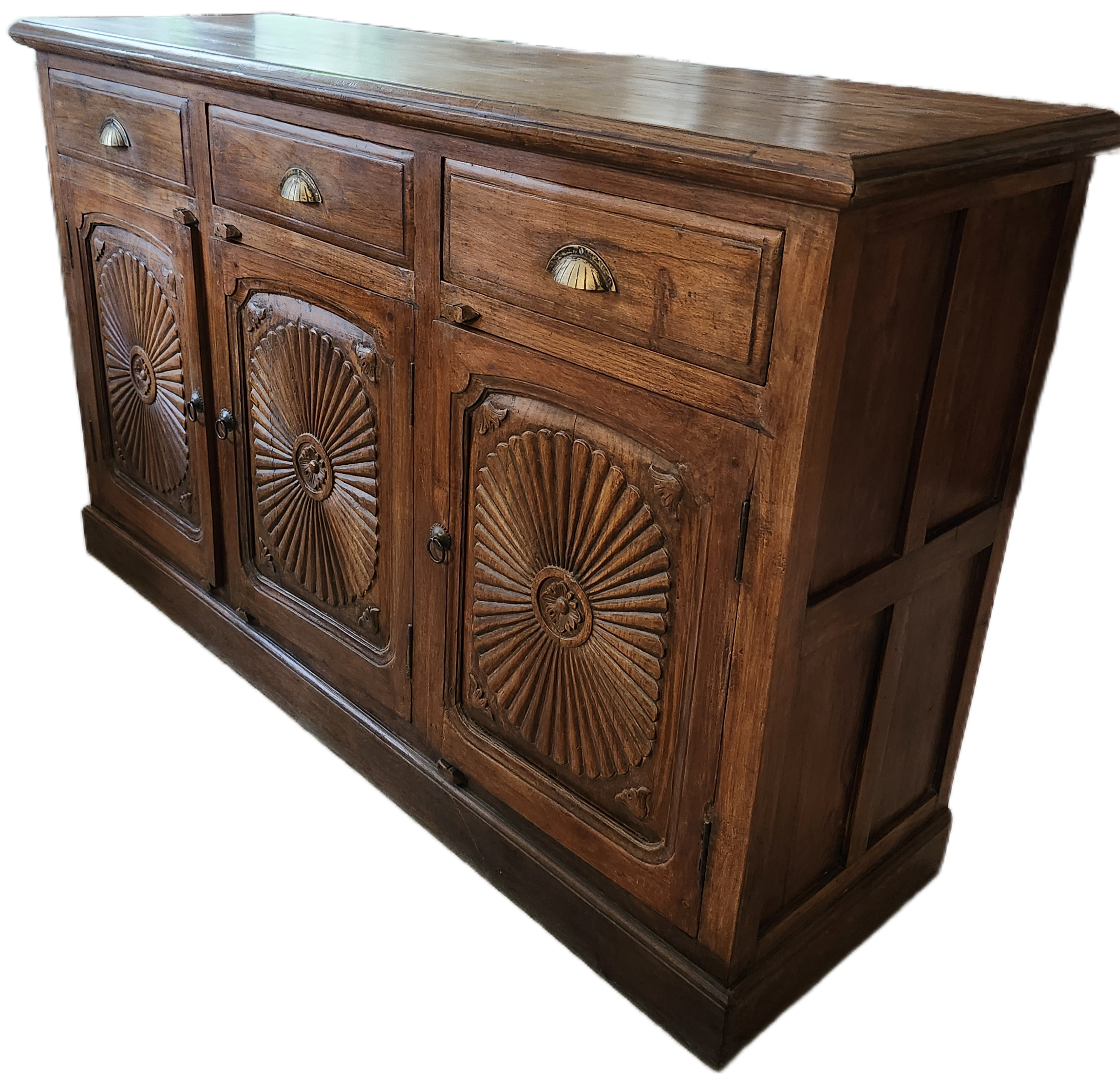 Vintage teak sideboard, three drawers and cupboards, angled view