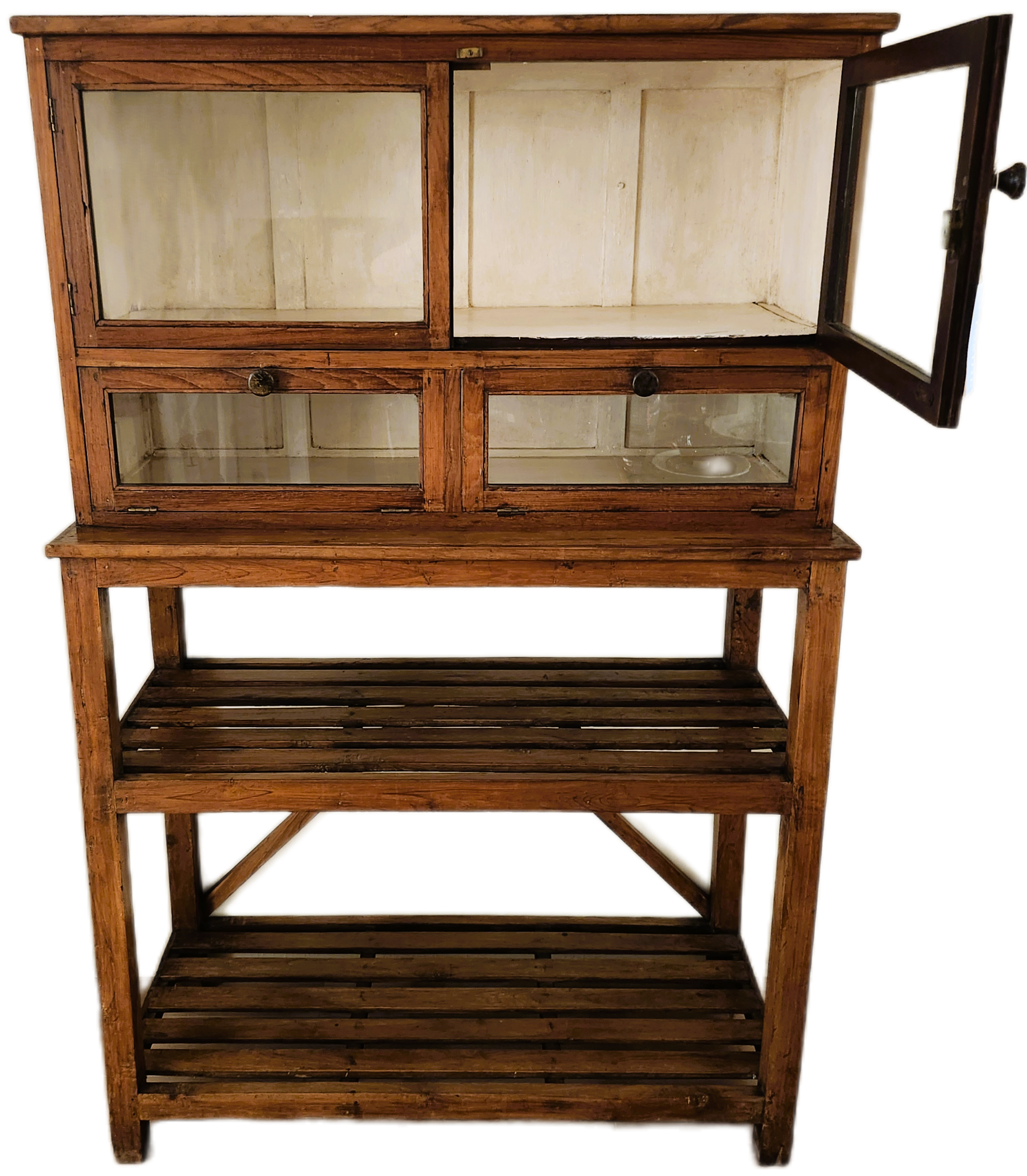 Vintage teak glass-fronted cabinet over slatted shelves, natural finish, 168 x 109cm