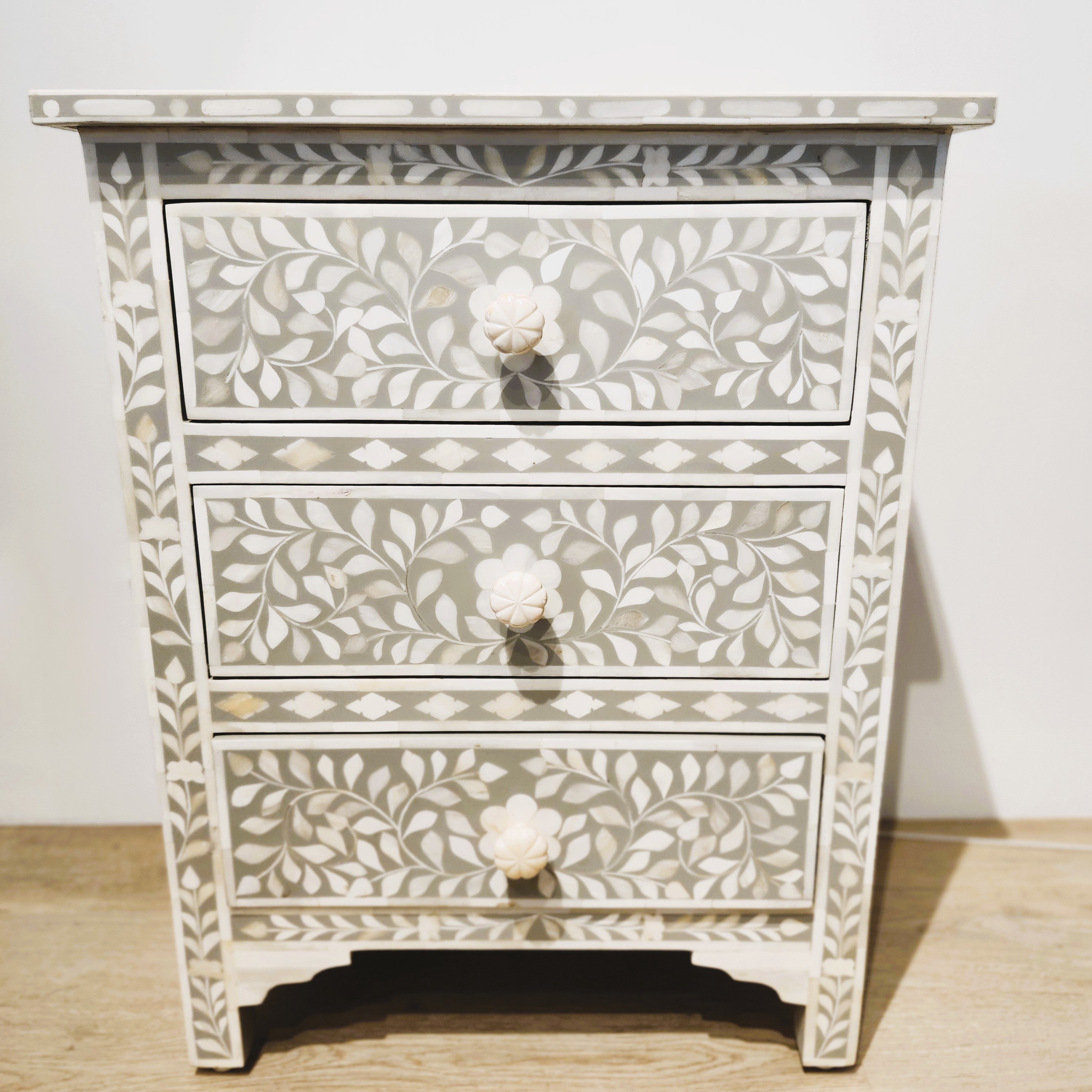 Taupe bone inlay bedside chest with three drawers