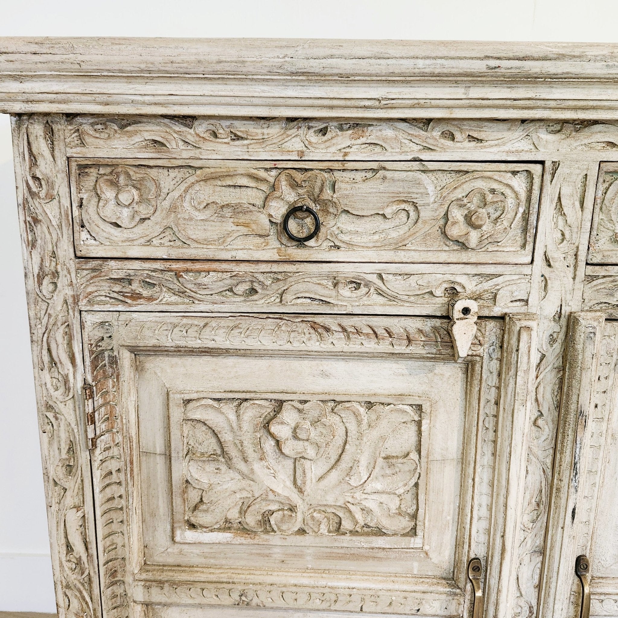 Carved mango wood sideboard with cabinet storage