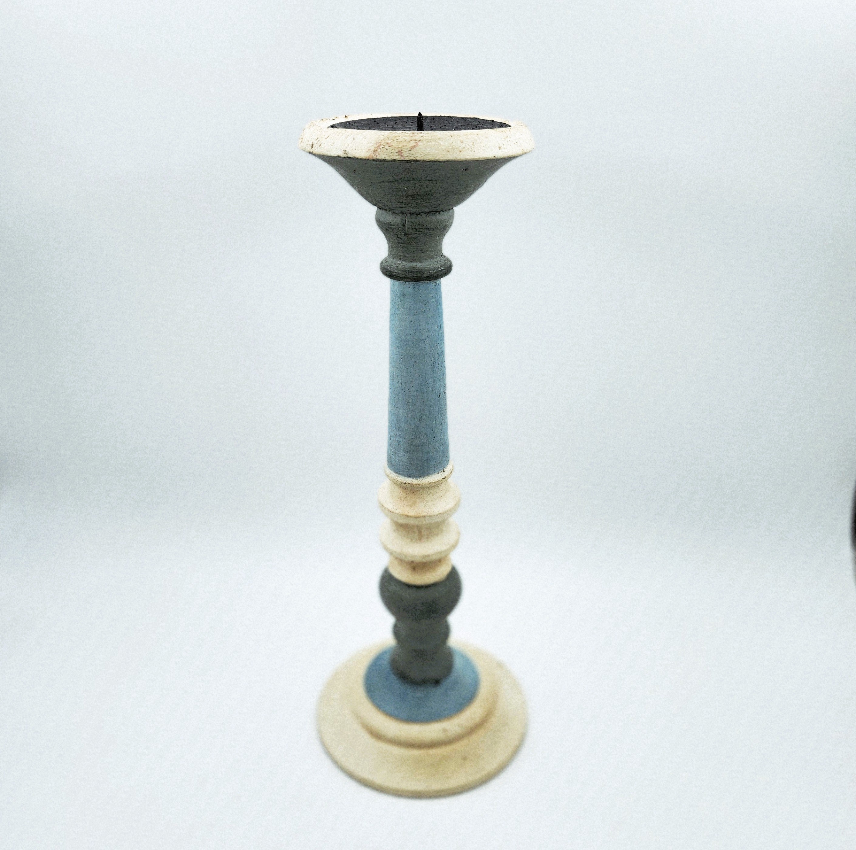 Painted wood candlestick in matte blue, tall, rustic style