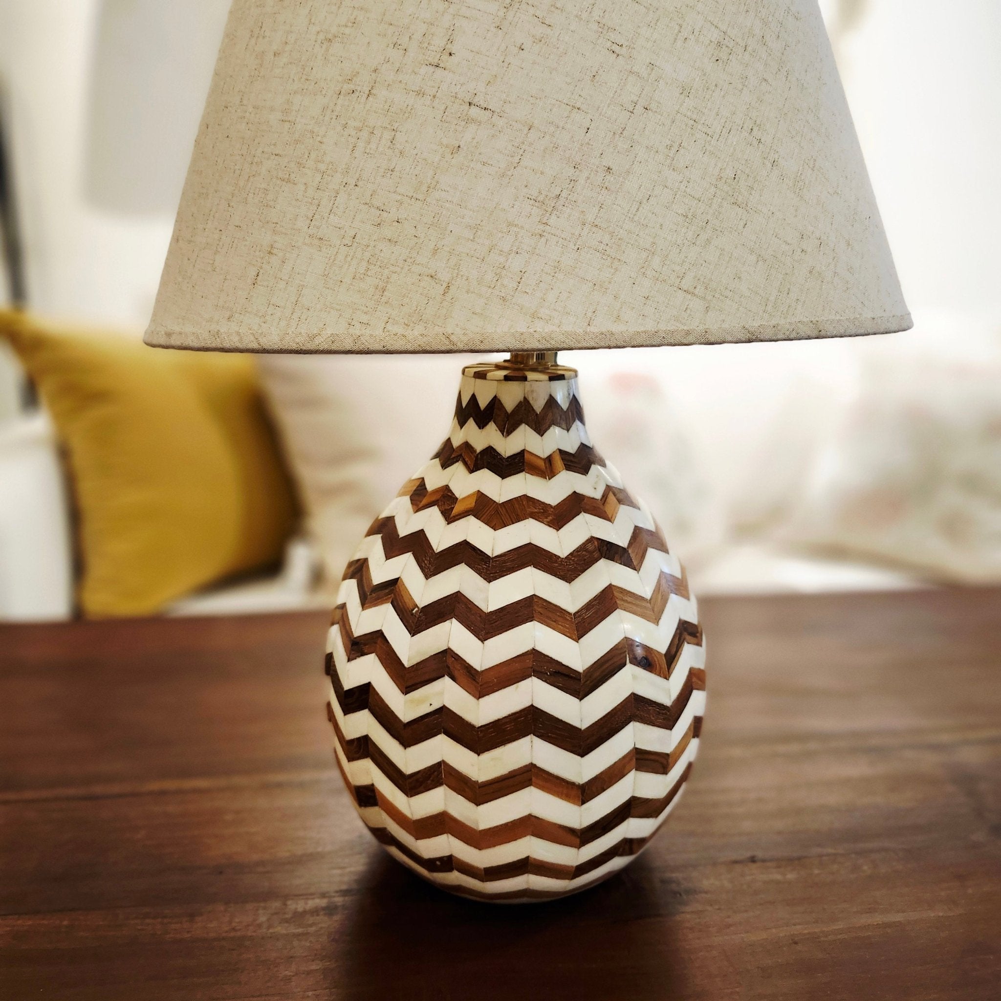 Pear-shaped teak table lamp with bone inlay and brass fittings