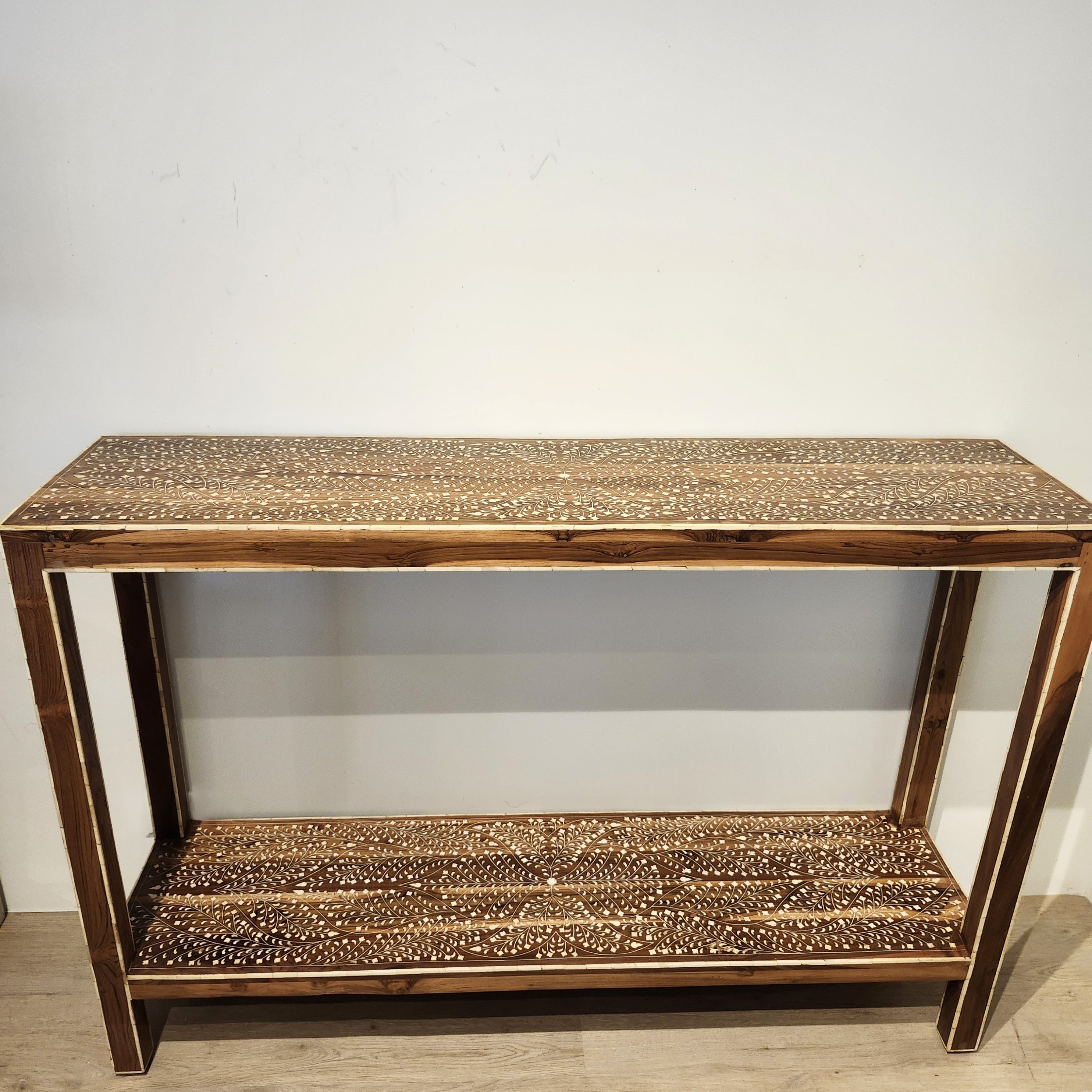 Teak console table with fine bone inlay pattern, made in India