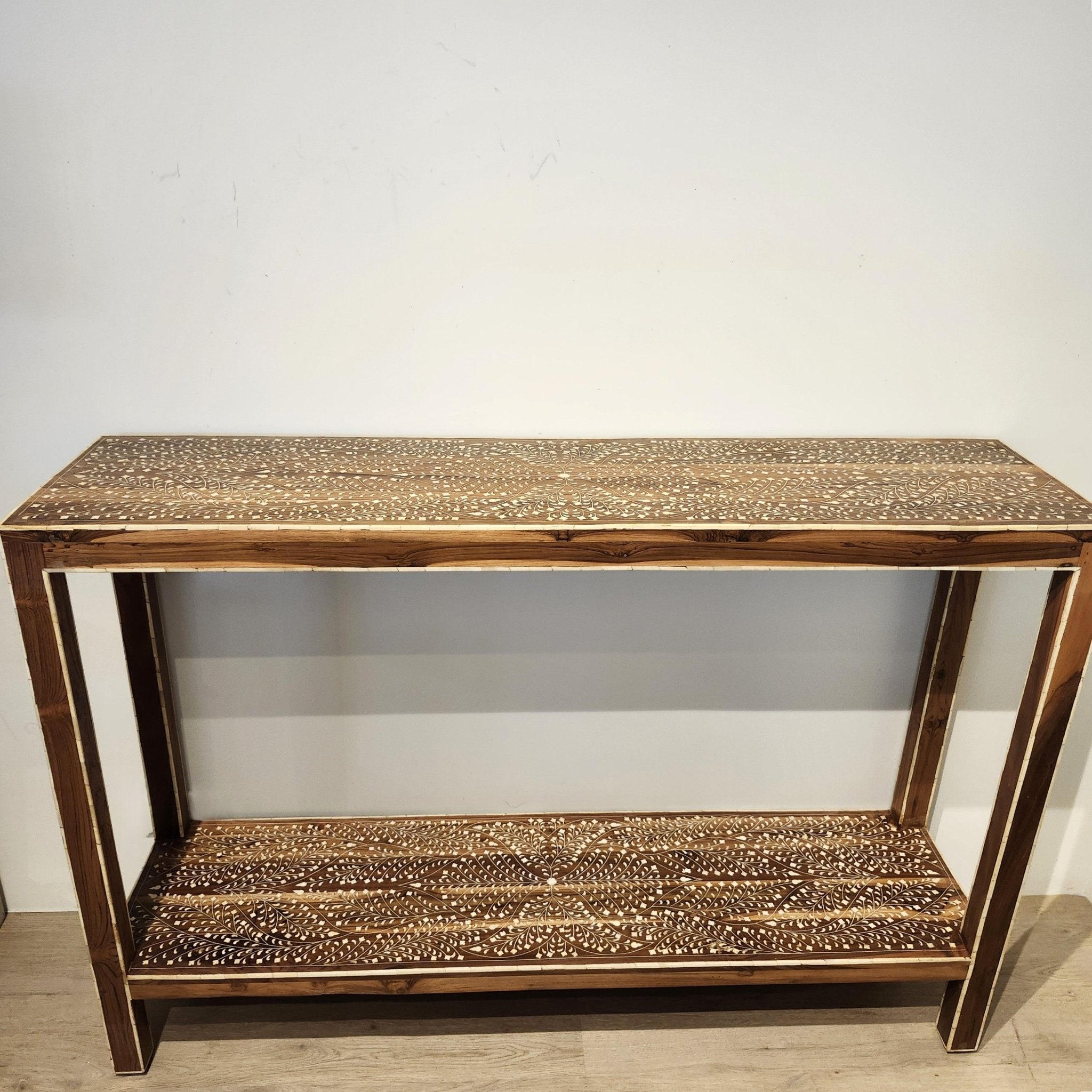 Teak console table with fine bone inlay pattern, made in India