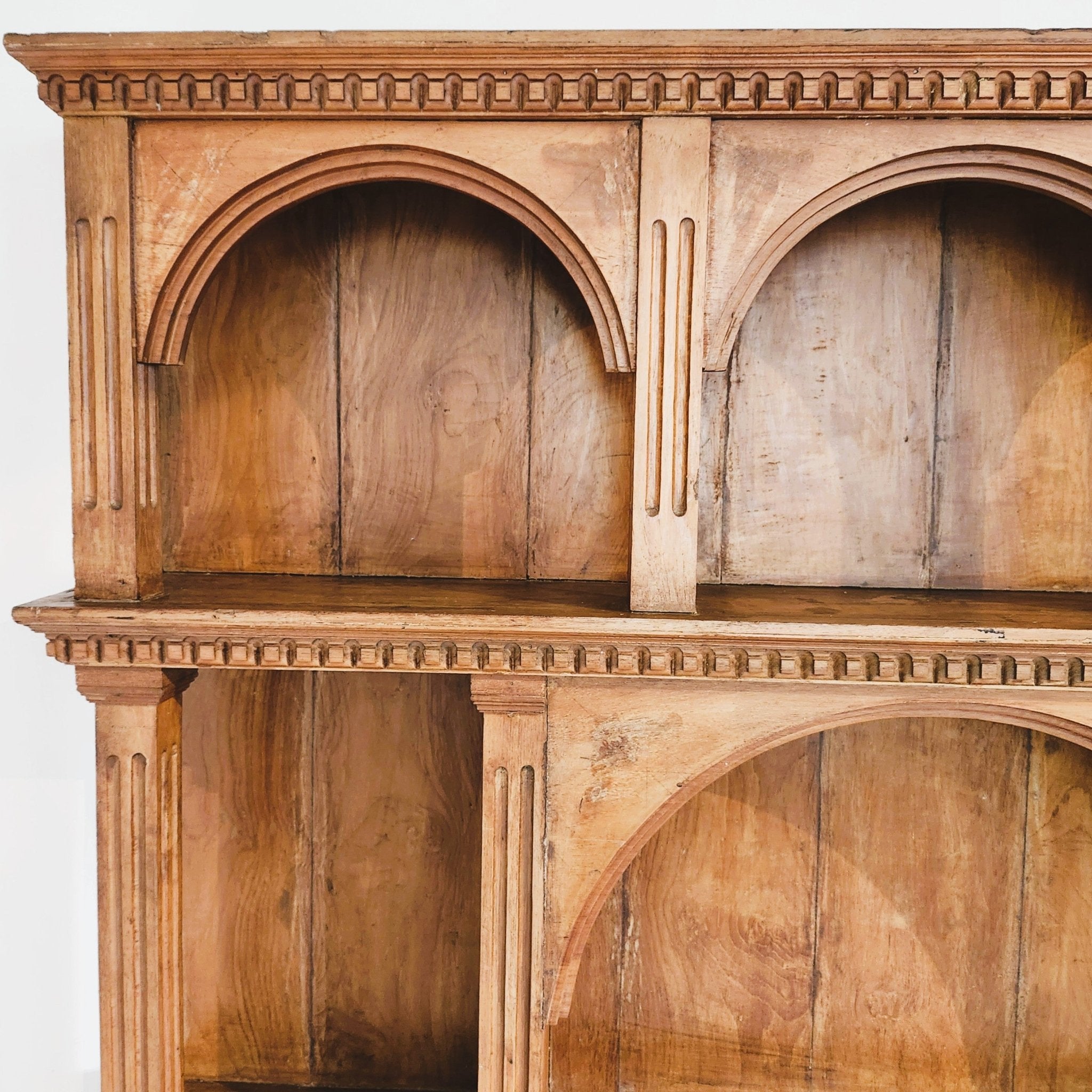 Vintage teak bookcase, detailed carving