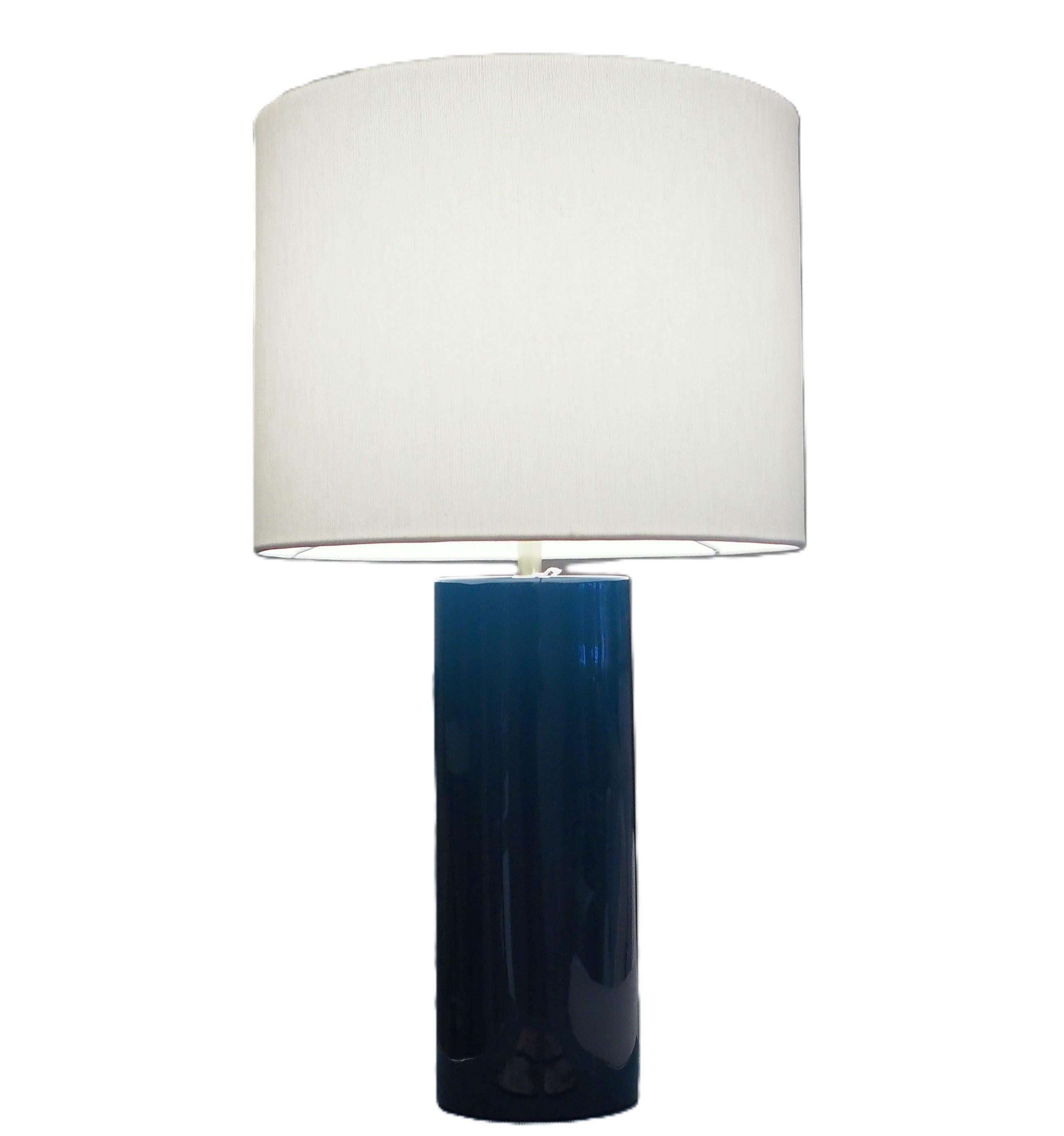 Blue lacquer table lamp with white drum shade, 38 cm diameter, 66 cm high