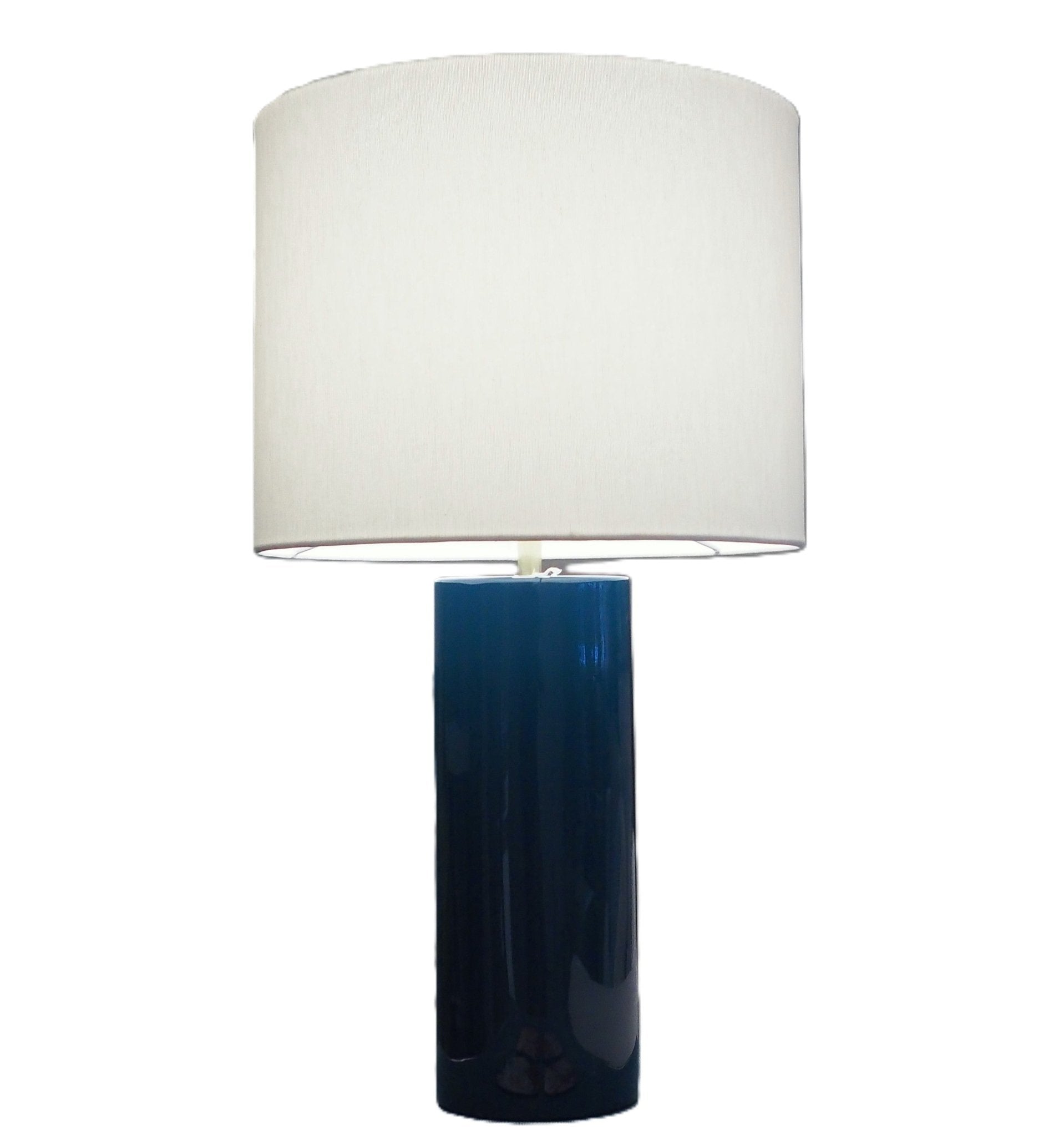 Blue lacquer table lamp with white drum shade, 38 cm diameter, 66 cm high