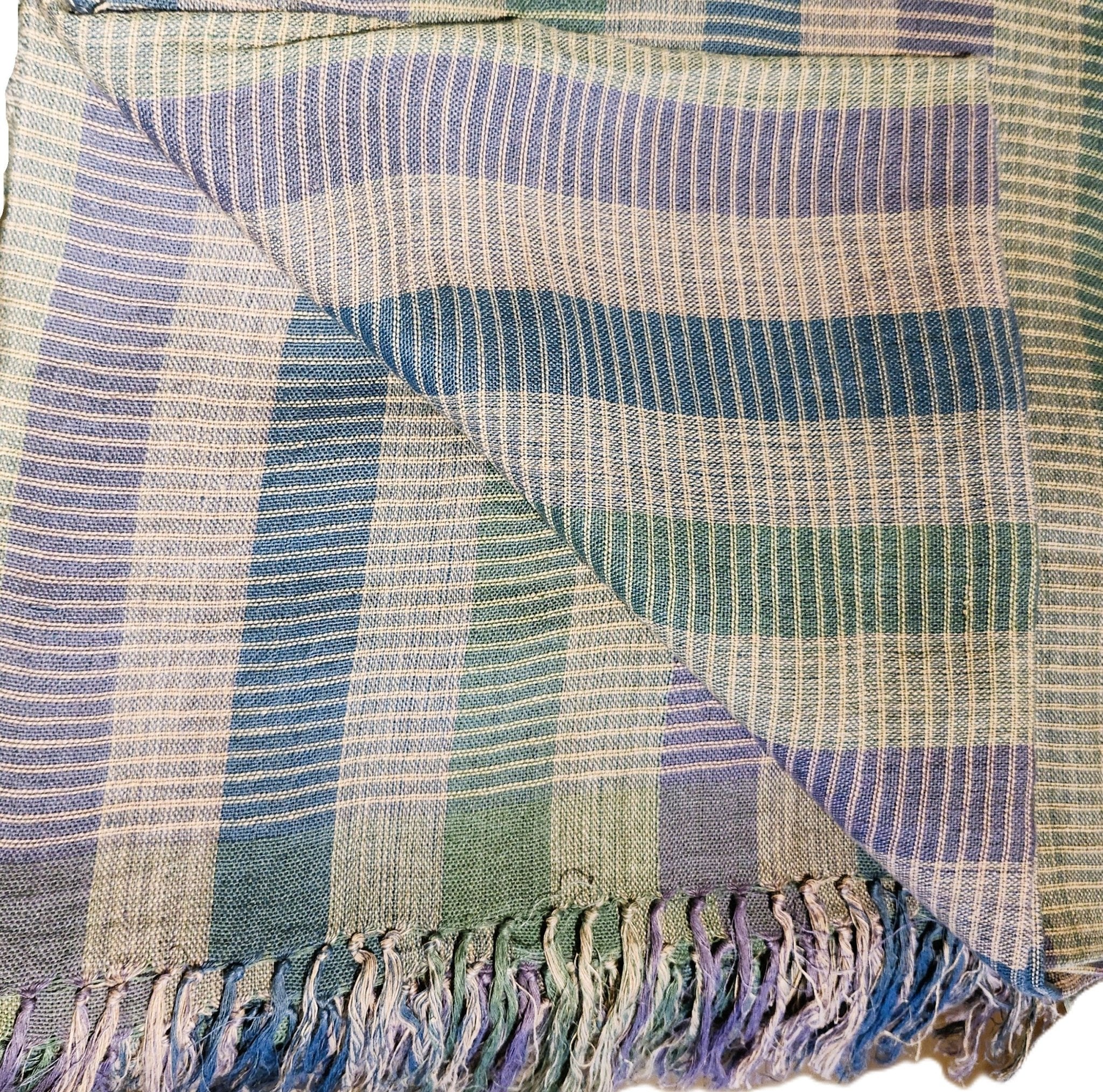 Petrol blue silk and linen throw, blue, teal and natural stripes with tassels, second view, 154 x 160cm