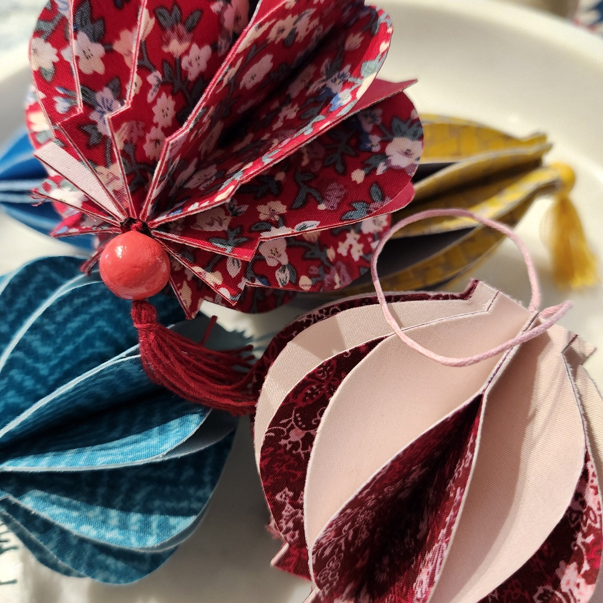 Little lanterns made from card and silk, assorted colours, approx 10 cm, handmade