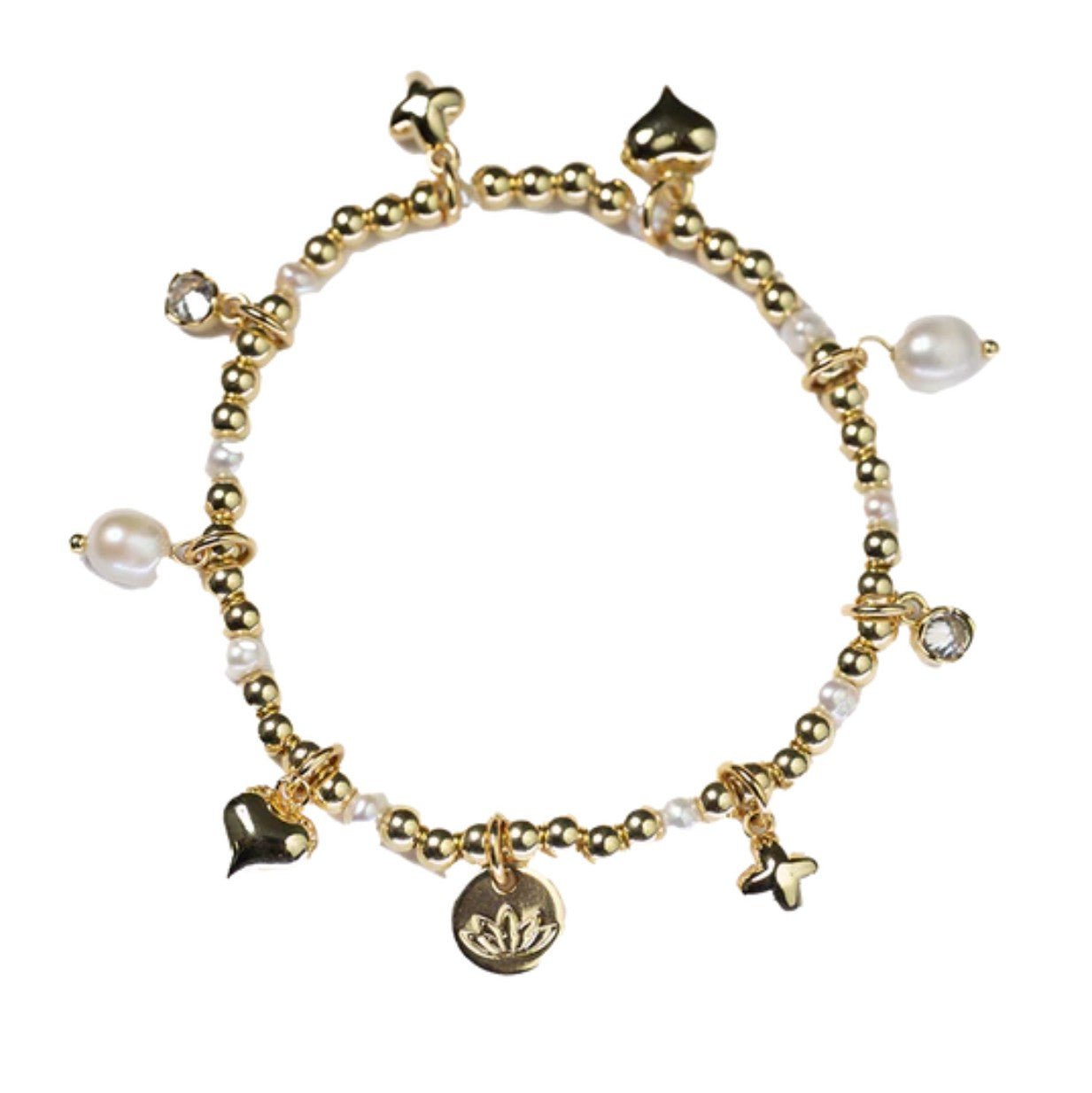 Hazel gold-plated ball stretch bracelet with pearl and heart charms, 17.5 cm