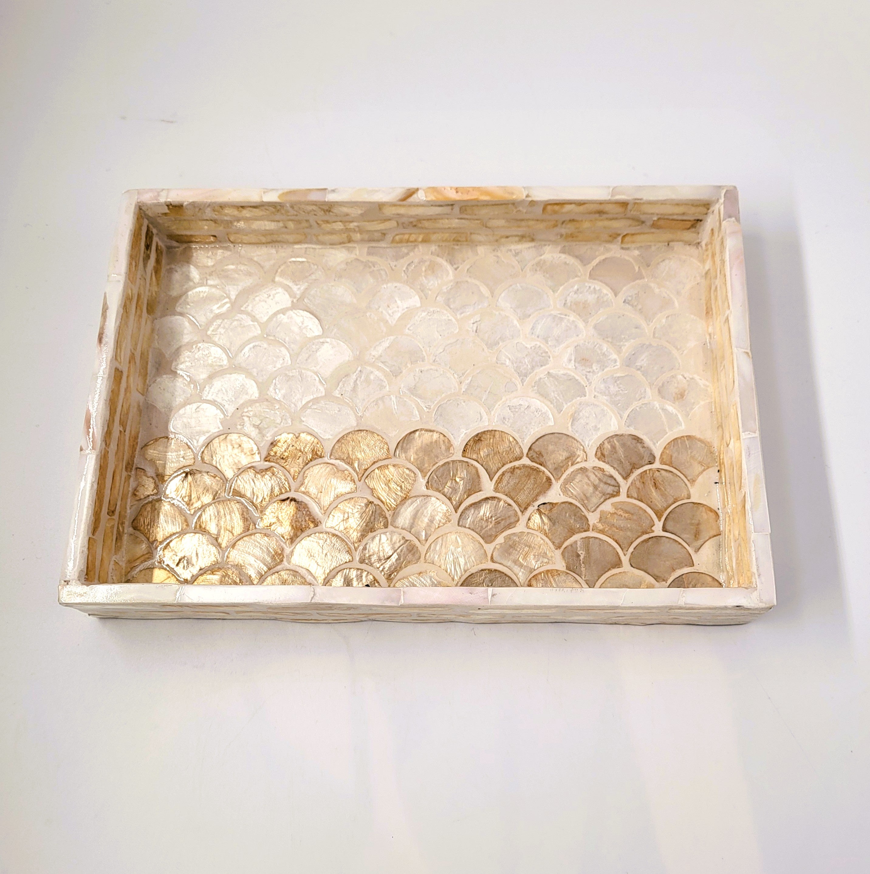 Mother of pearl tray in shell, two natural shades inlay on wood, handmade