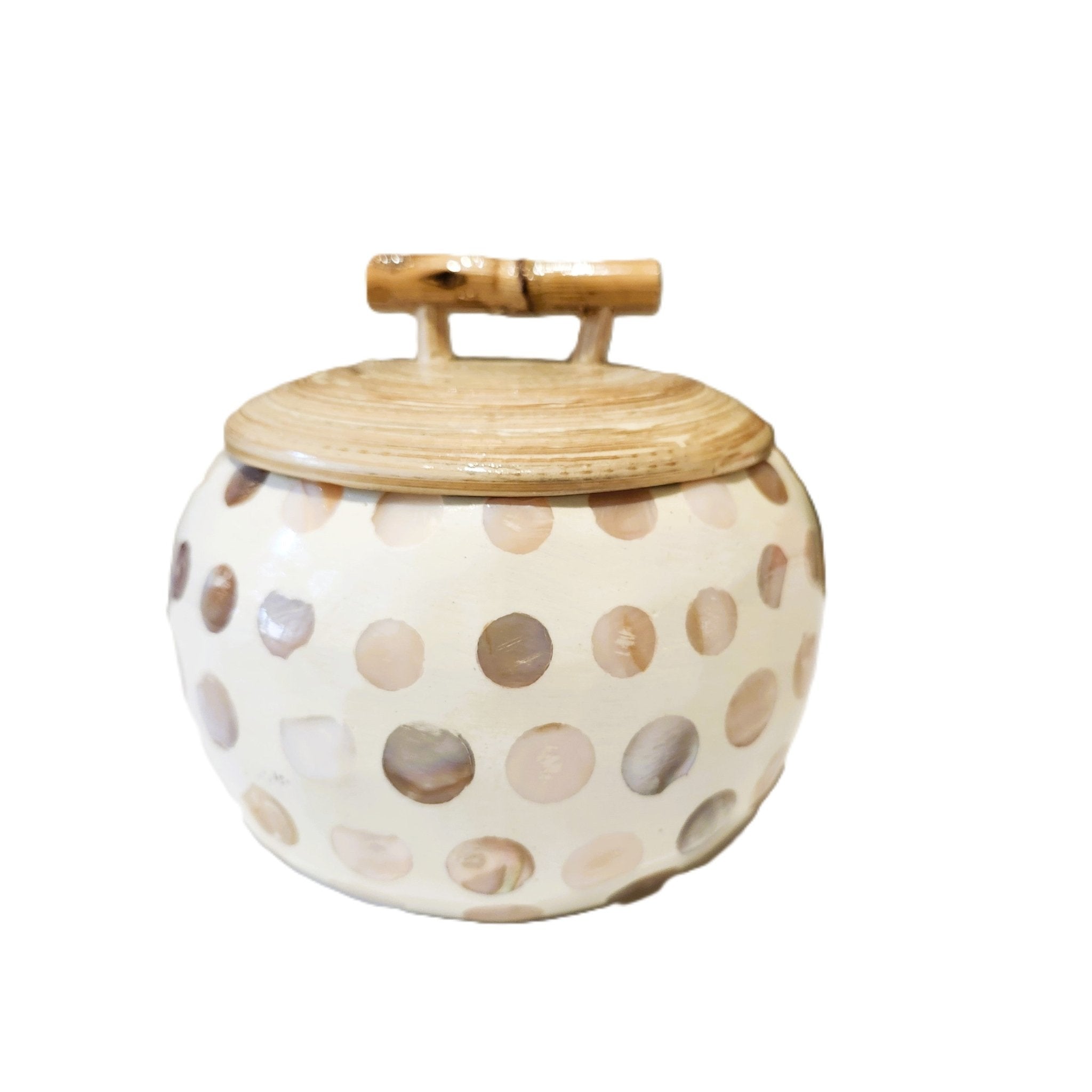 Round bamboo pot with mother of pearl exterior and lid, handmade in Vietnam, 10 cm diameter, 5 cm high