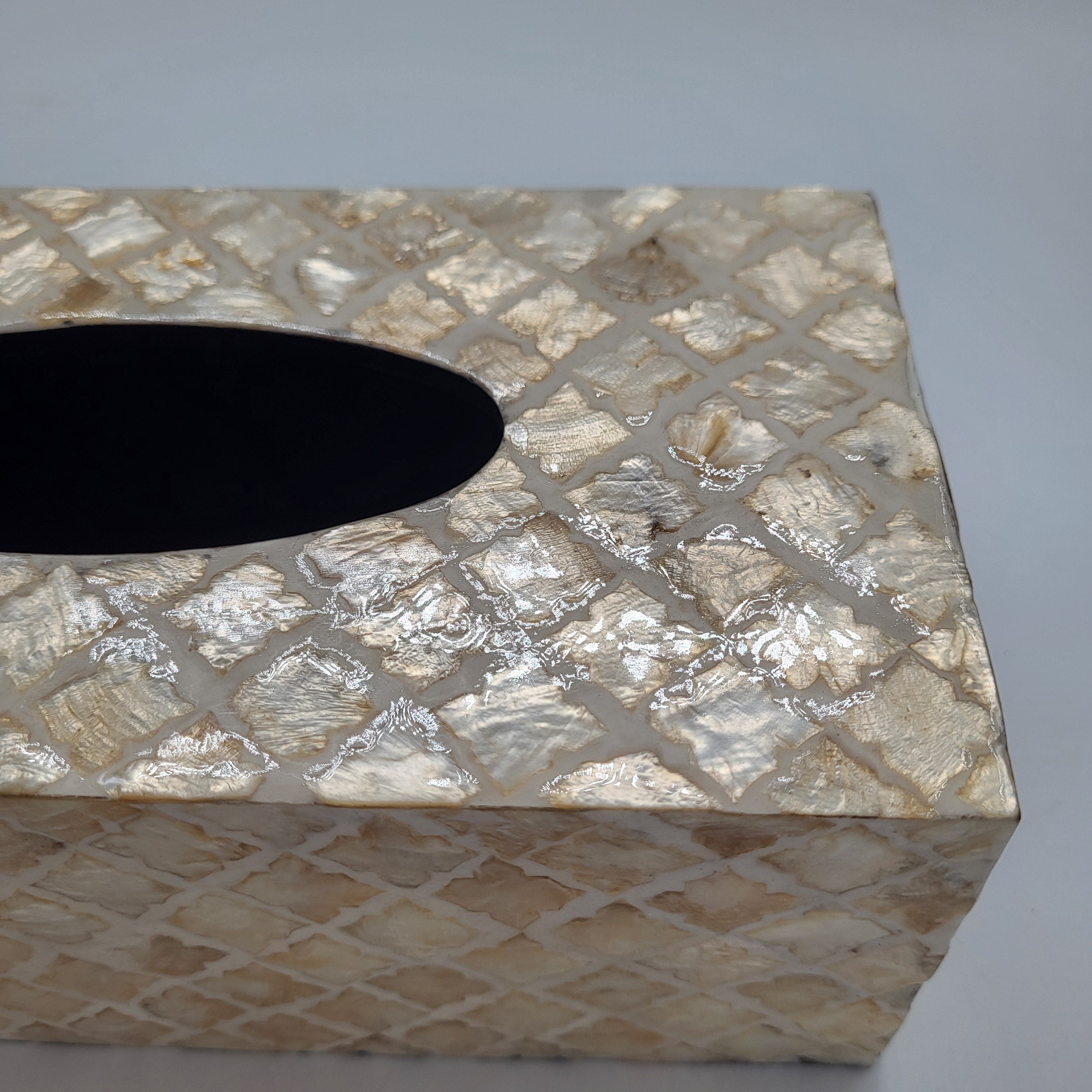 Ivory mosaic mother of pearl tissue box cover, handmade, detail view