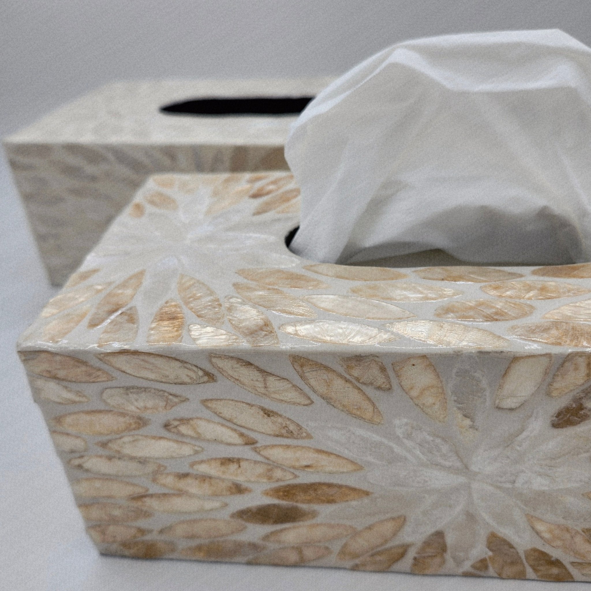 Ivory mother of pearl tissue box cover, petal pattern inlay, detail view