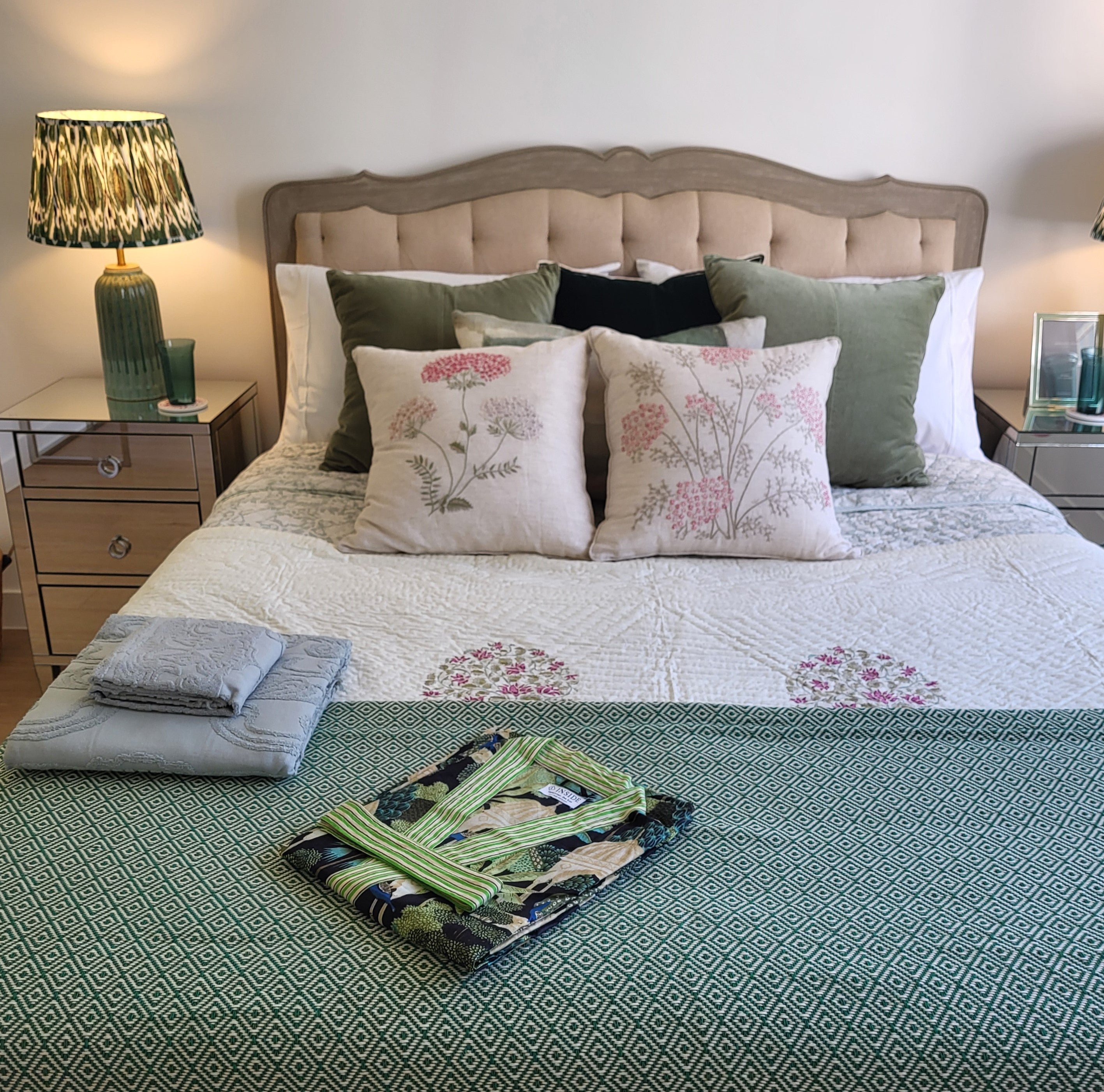 Malina queen bed in mango wood with linen headboard, greyish wash, styled