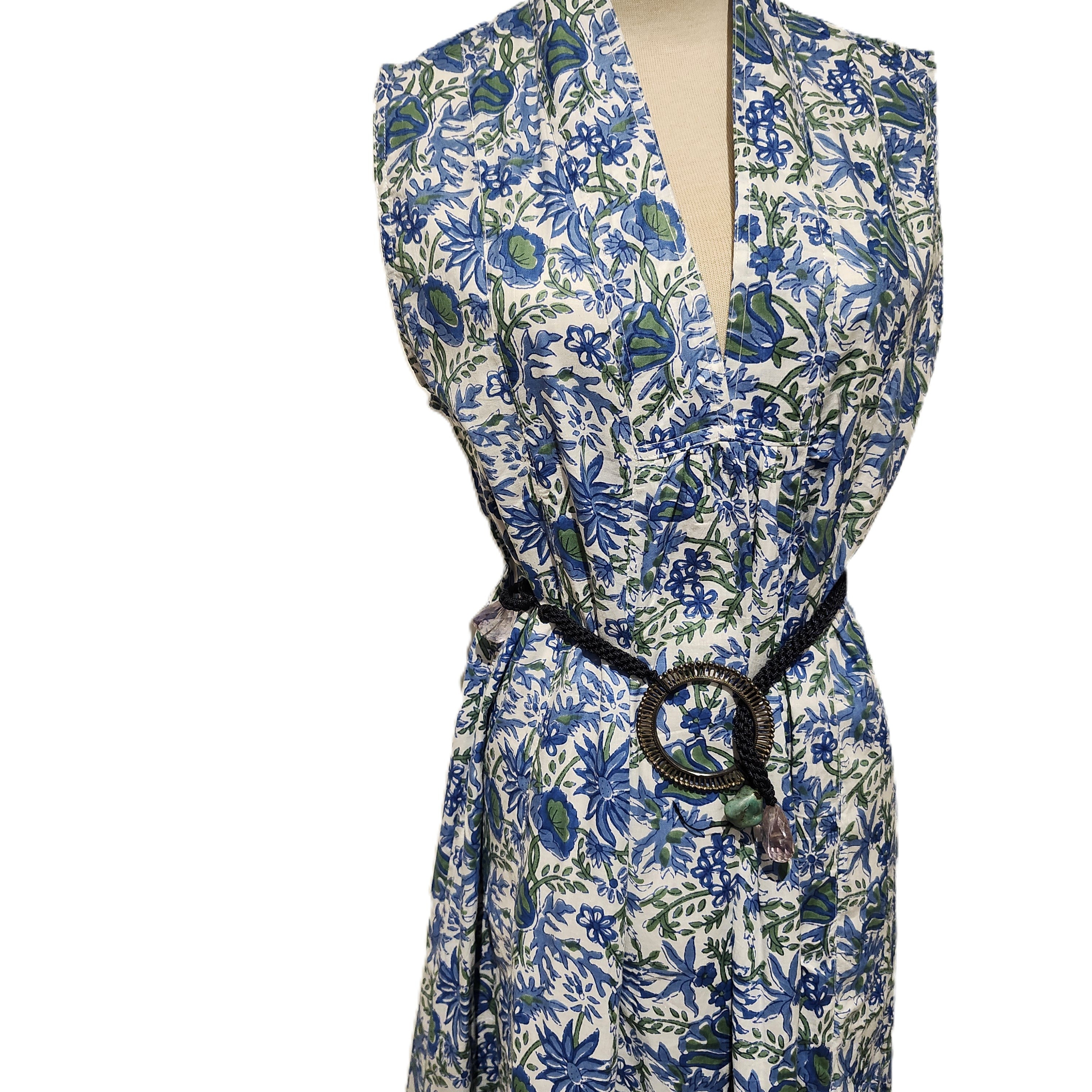 Blue floral block-print May dress, lightweight A-line