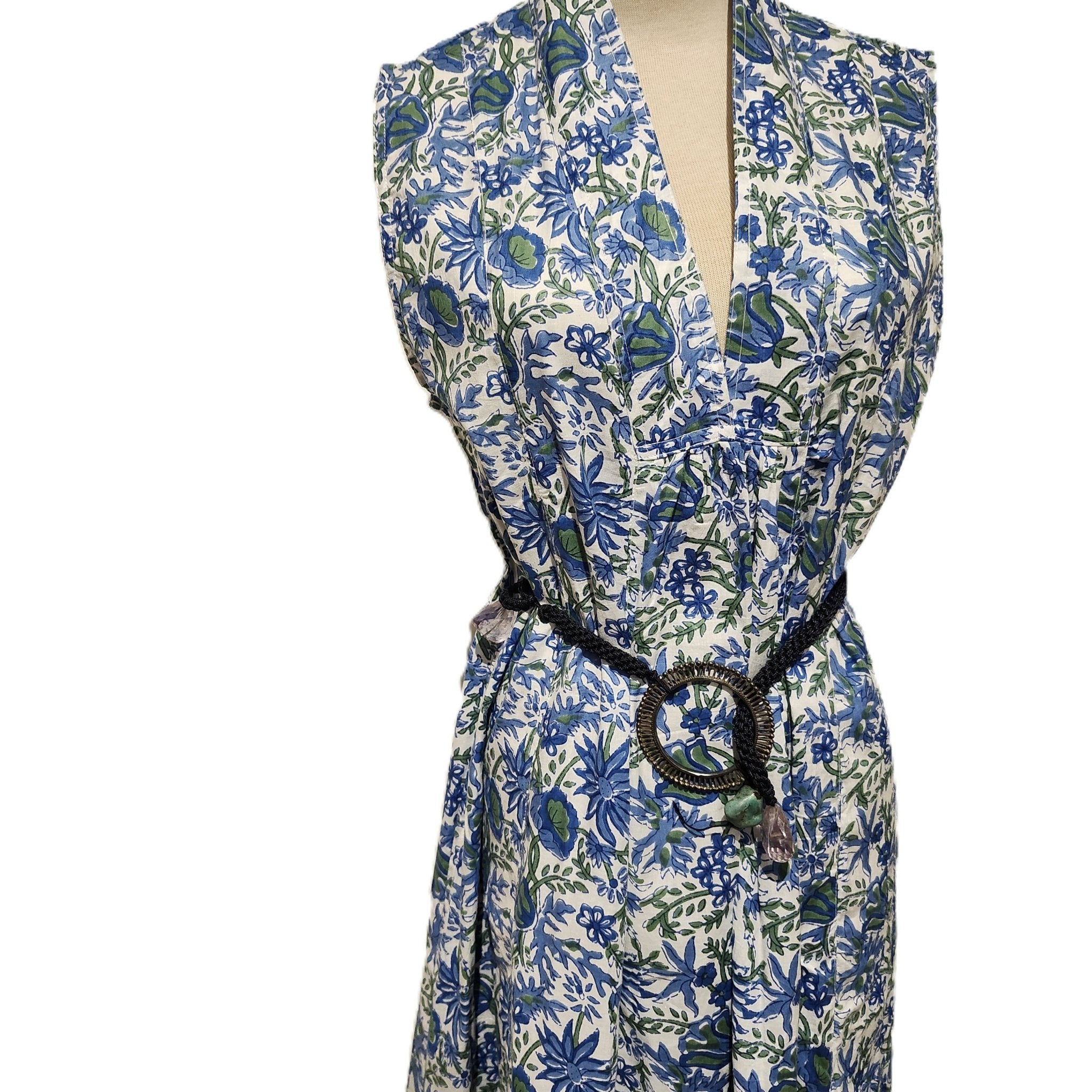 Blue floral block-print May dress, lightweight A-line